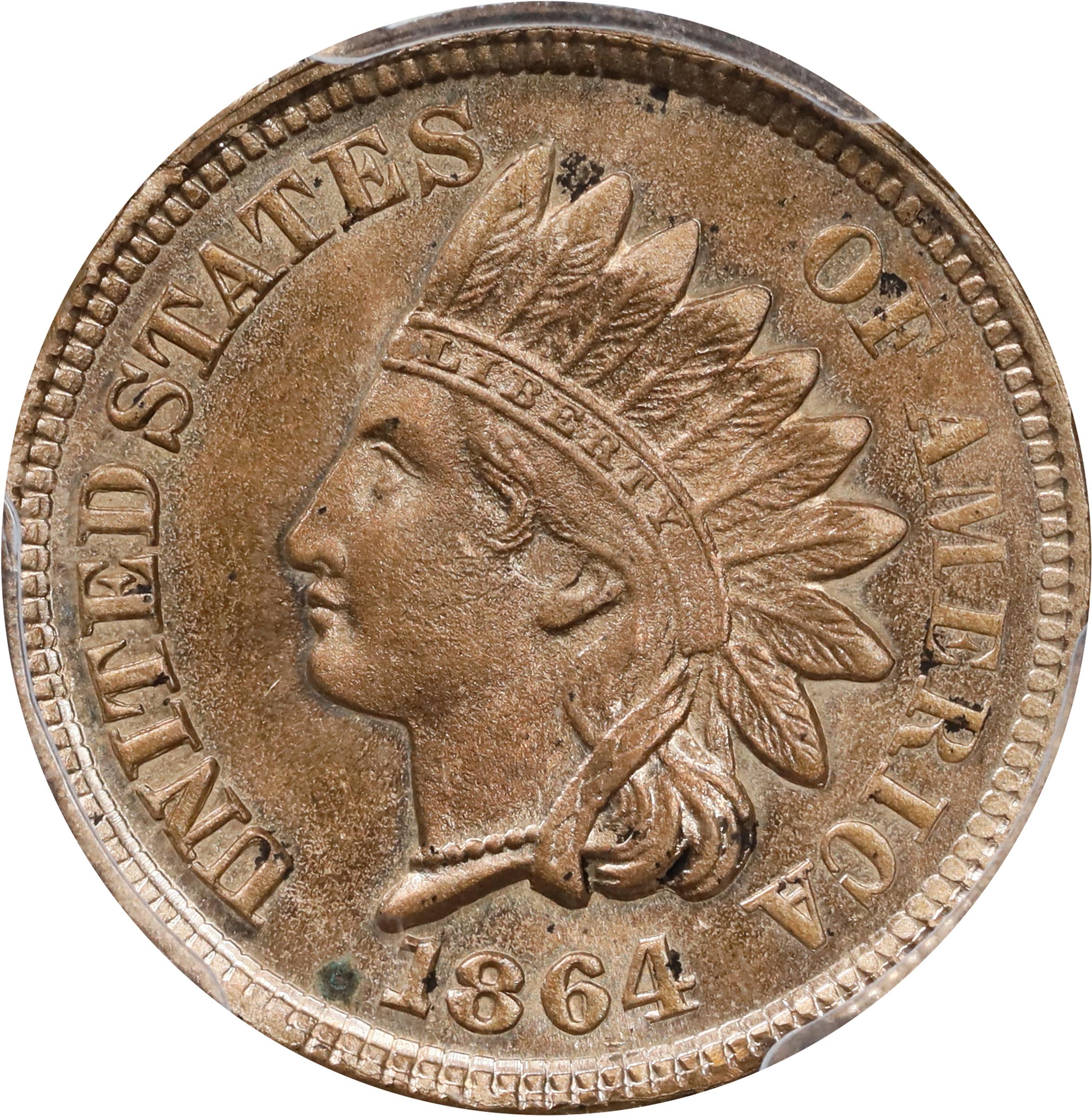 image for: 1864 Experimental Indian Cent. Judd-356, Pollock-426, Snow-PT1b. Rarity-6-. Copper-Tin Alloy. Plain Edge. Proof-63 (PCGS).