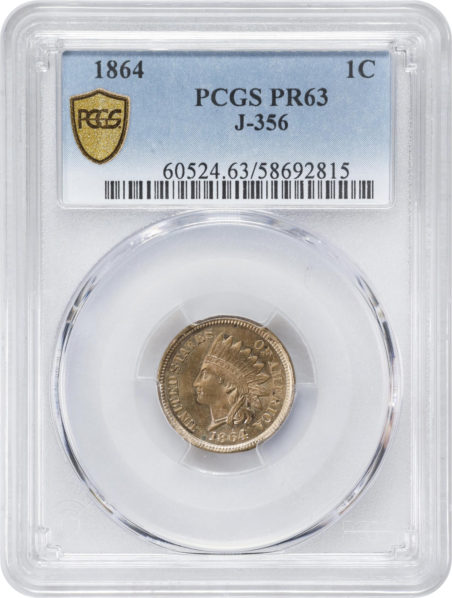 image for: 1864 Experimental Indian Cent. Judd-356, Pollock-426, Snow-PT1b. Rarity-6-. Copper-Tin Alloy. Plain Edge. Proof-63 (PCGS).