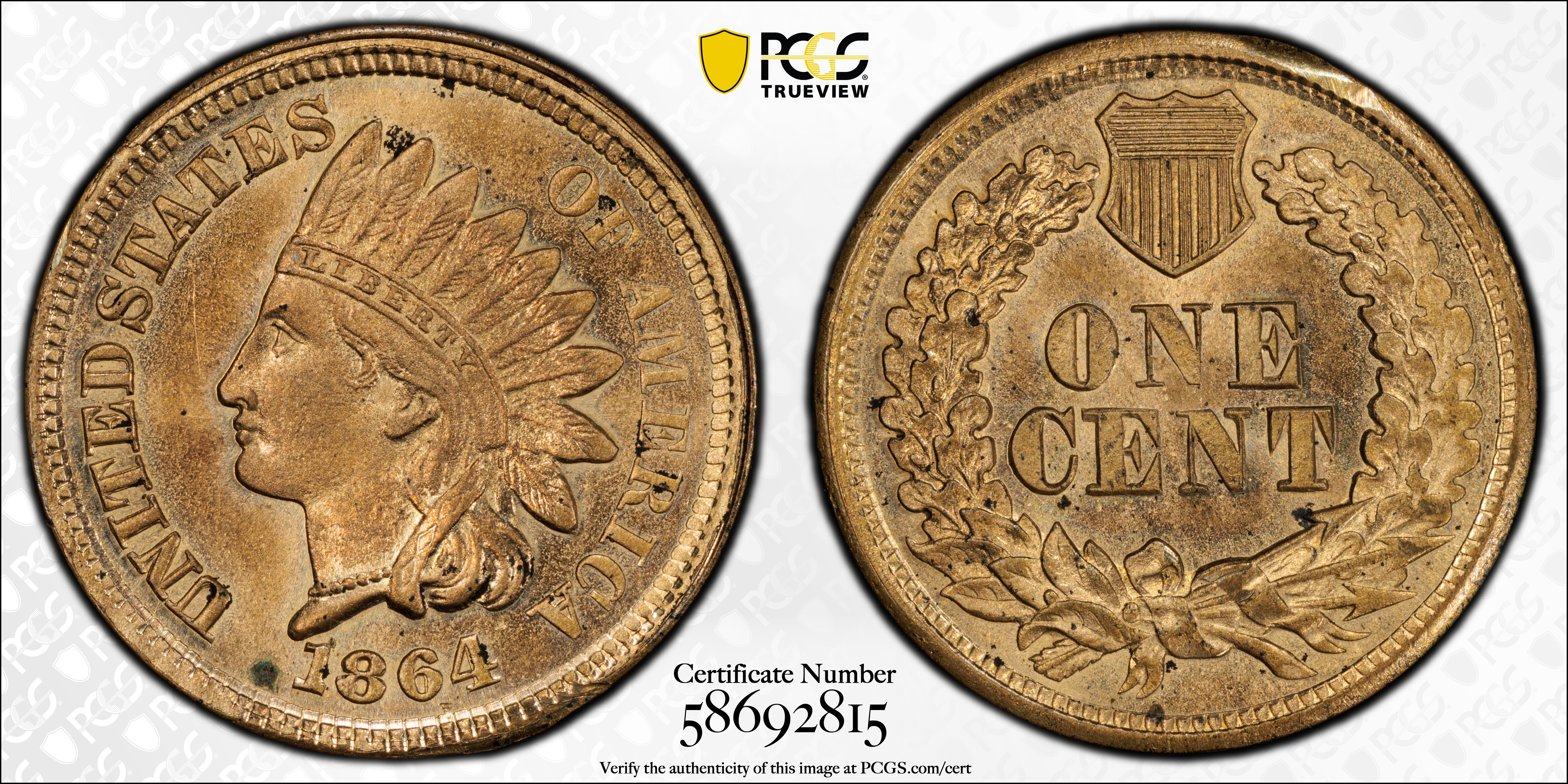 image for: 1864 Experimental Indian Cent. Judd-356, Pollock-426, Snow-PT1b. Rarity-6-. Copper-Tin Alloy. Plain Edge. Proof-63 (PCGS).