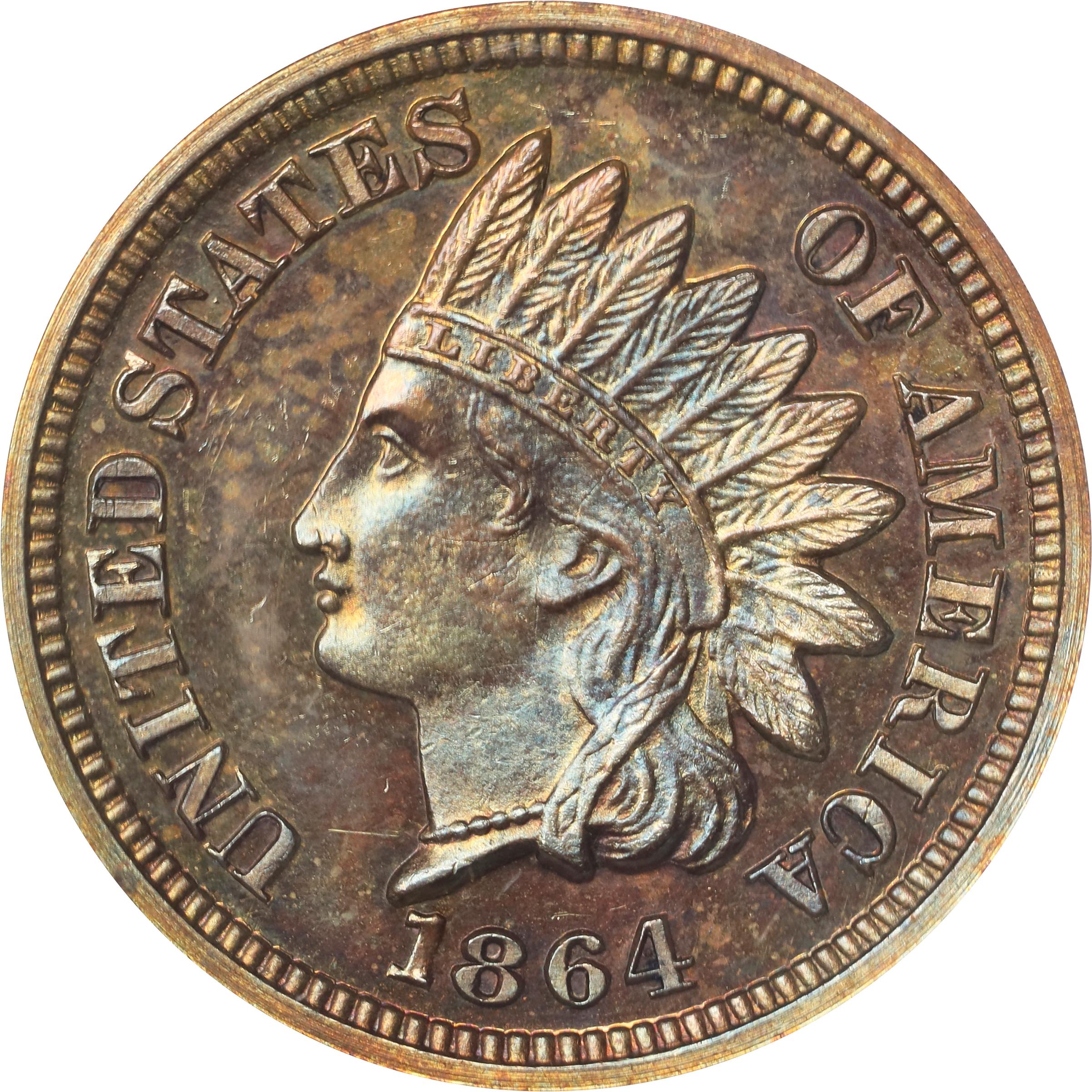 image for: 1864 Experimental Indian Cent. Judd-356a, Pollock-427, Snow-PT1e. Rarity-6-. Copper. Plain Edge. Proof-64 BN (NGC).