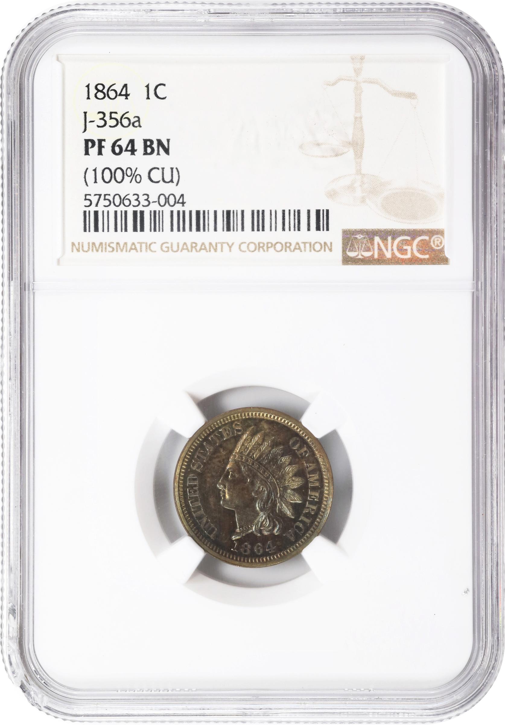 image for: 1864 Experimental Indian Cent. Judd-356a, Pollock-427, Snow-PT1e. Rarity-6-. Copper. Plain Edge. Proof-64 BN (NGC).