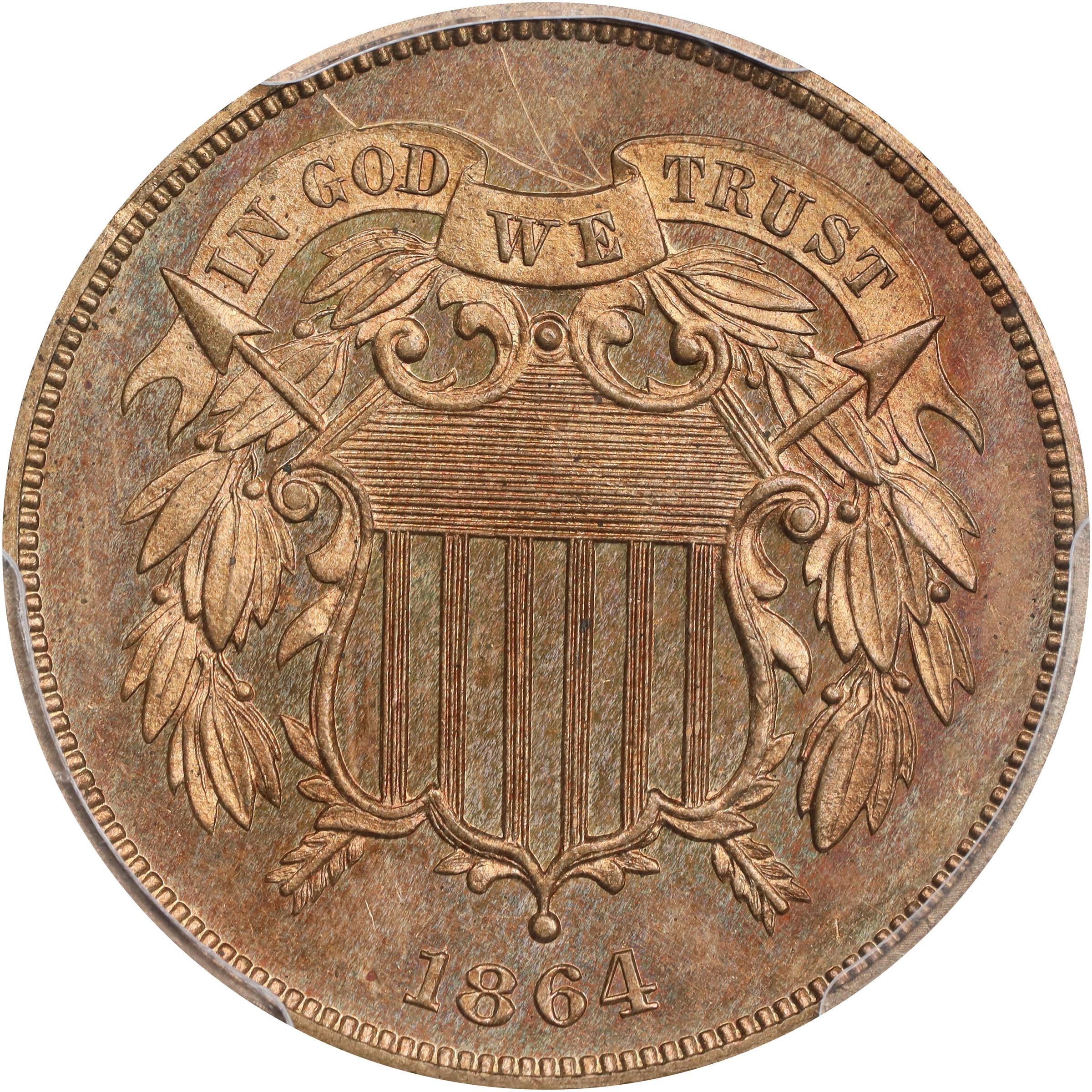 image for: 1864 Pattern Two-Cent Piece. Judd-371, Pollock-440. Rarity-6-. Copper-Nickel. Plain Edge. Proof-65 (PCGS).