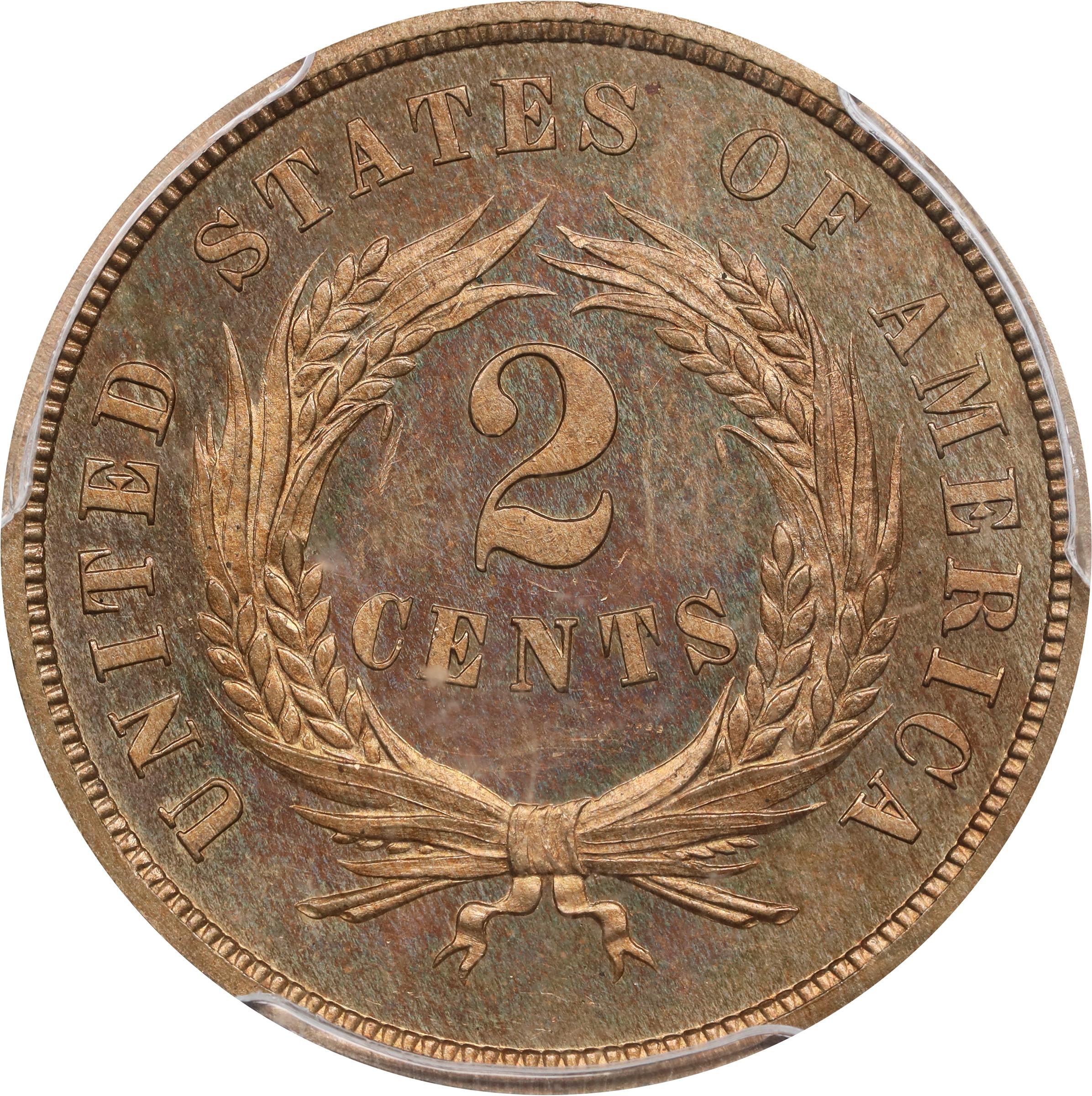 image for: 1864 Pattern Two-Cent Piece. Judd-371, Pollock-440. Rarity-6-. Copper-Nickel. Plain Edge. Proof-65 (PCGS).