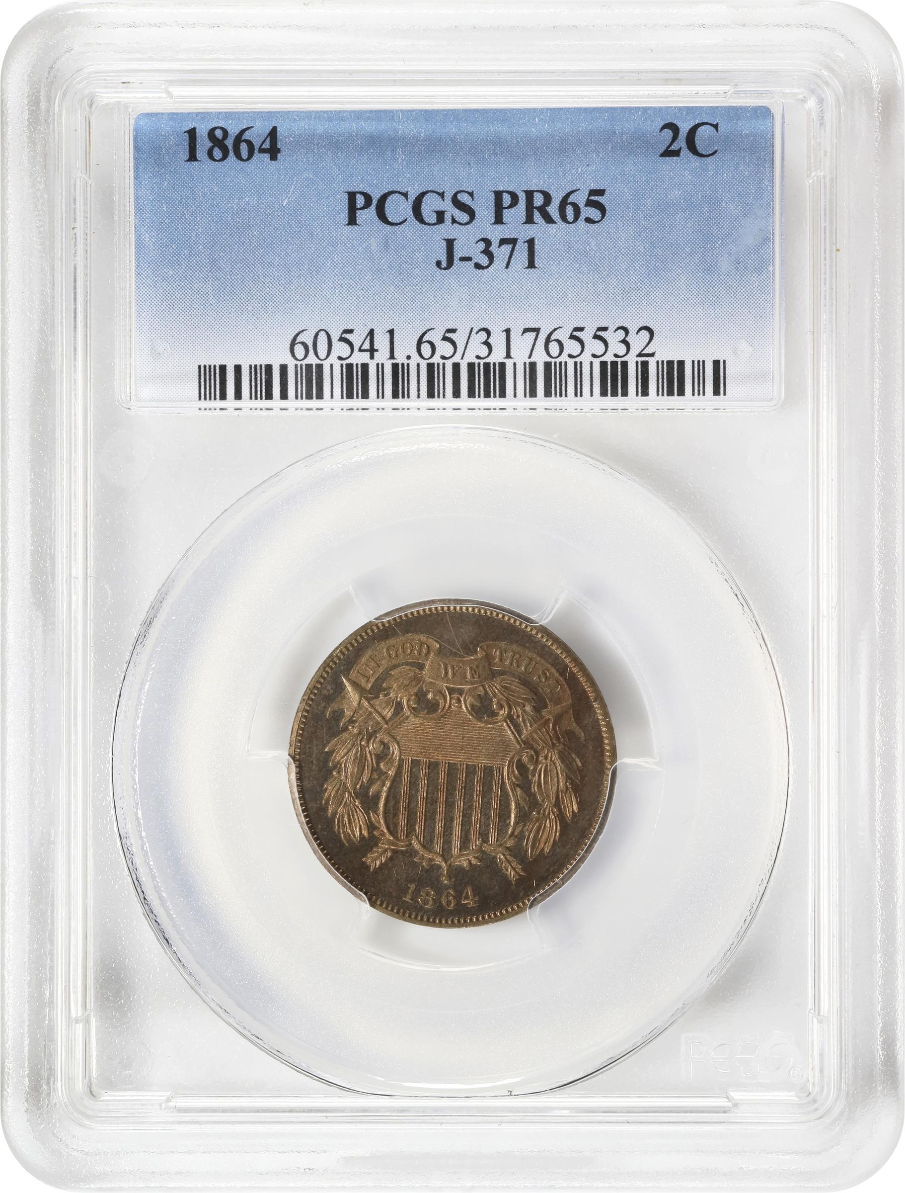 image for: 1864 Pattern Two-Cent Piece. Judd-371, Pollock-440. Rarity-6-. Copper-Nickel. Plain Edge. Proof-65 (PCGS).