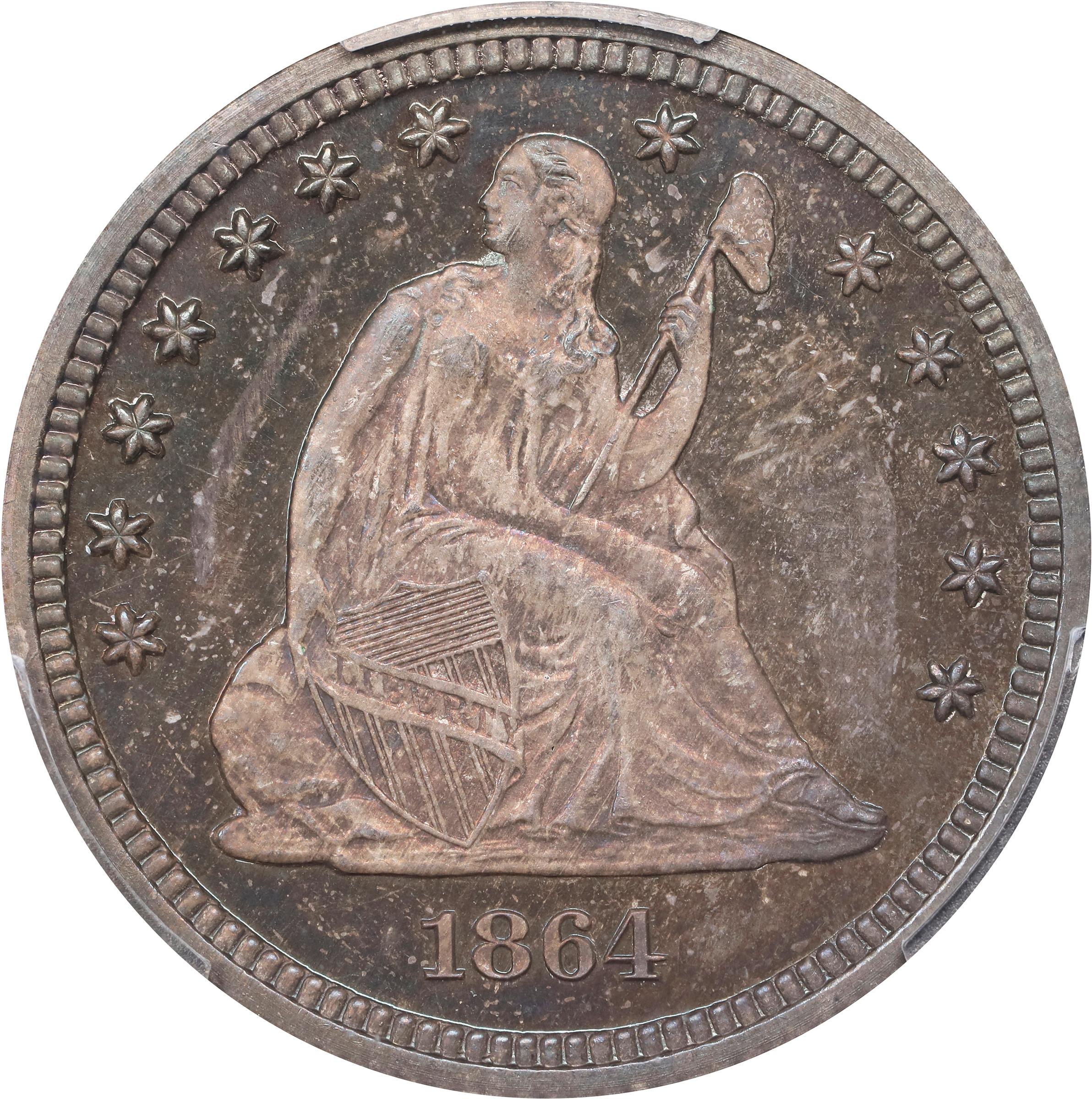 image for: 1864 Pattern Liberty Seated Quarter. Judd-386, Pollock-454. Rarity-7-. Silver. Reeded Edge. Proof-66 (PCGS).
