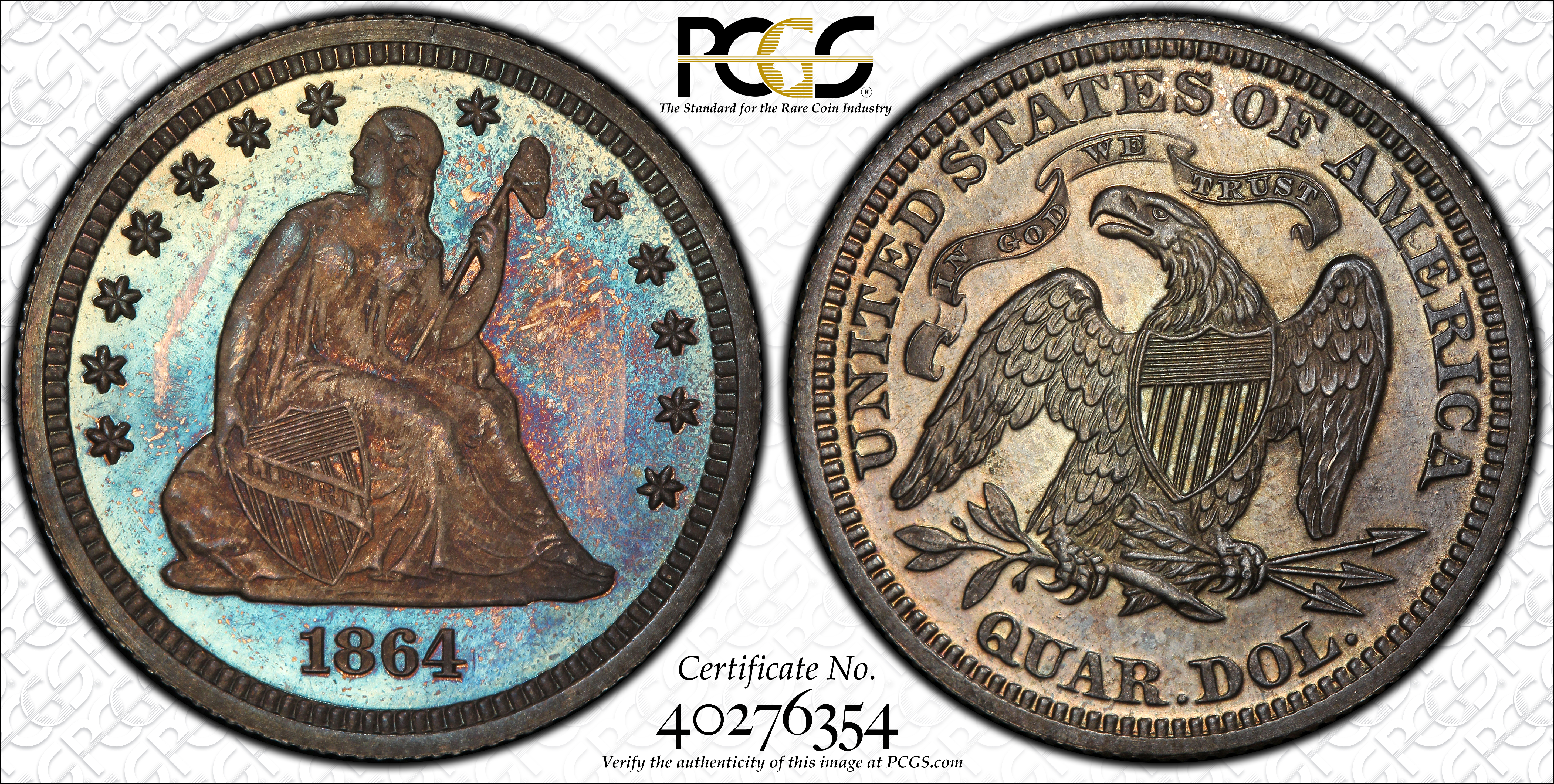 image for: 1864 Pattern Liberty Seated Quarter. Judd-386, Pollock-454. Rarity-7-. Silver. Reeded Edge. Proof-66 (PCGS).