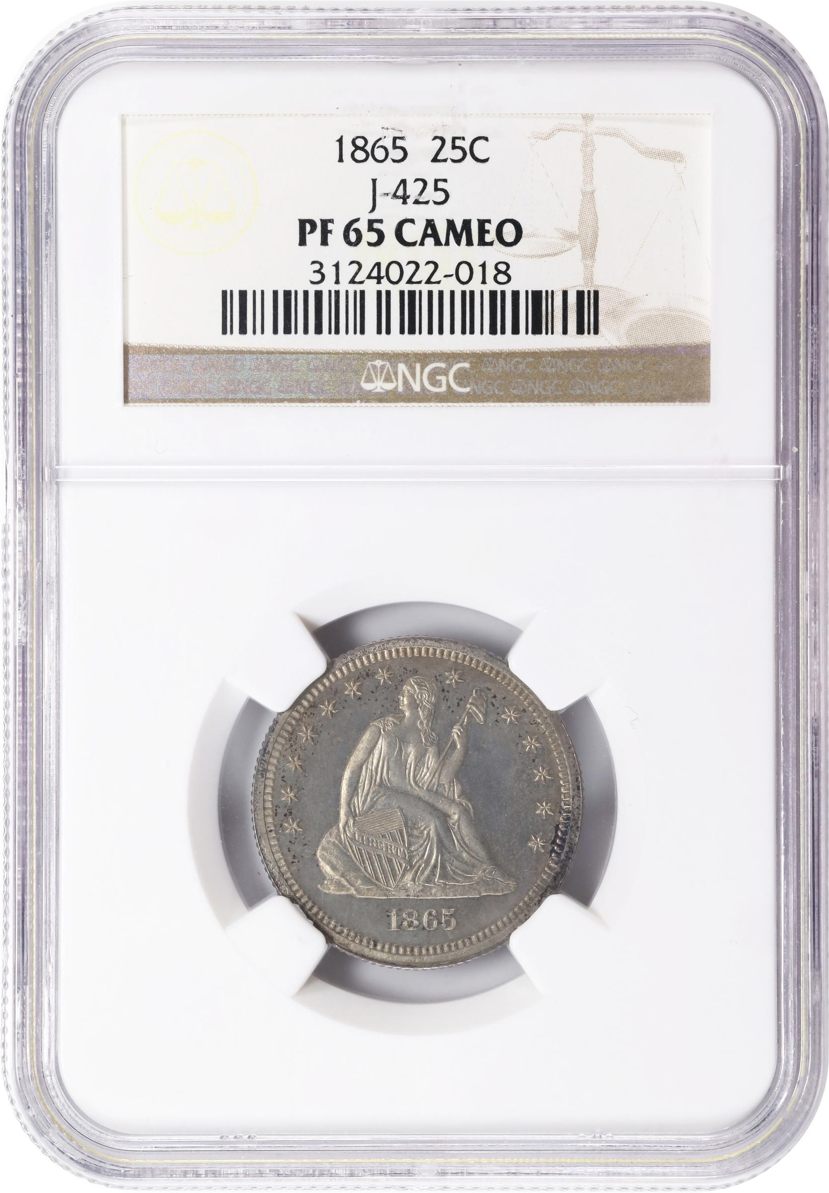 image for: 1865 Pattern Liberty Seated Quarter. Judd-425, Pollock-497. Rarity-6+. Silver. Reeded Edge. Proof-65 Cameo (NGC).