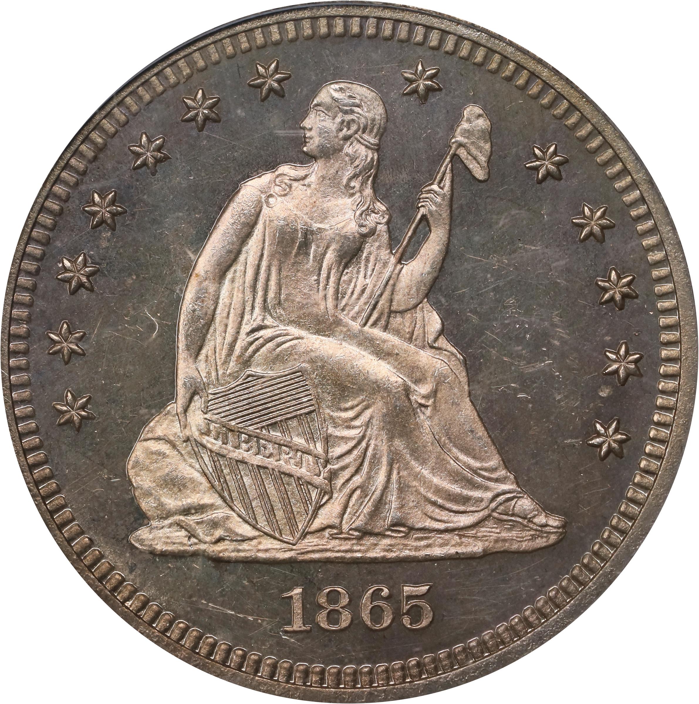 image for: 1865 Pattern Liberty Seated Quarter. Judd-425, Pollock-497. Rarity-6+. Silver. Reeded Edge. Proof-64 (PCGS). OGH.