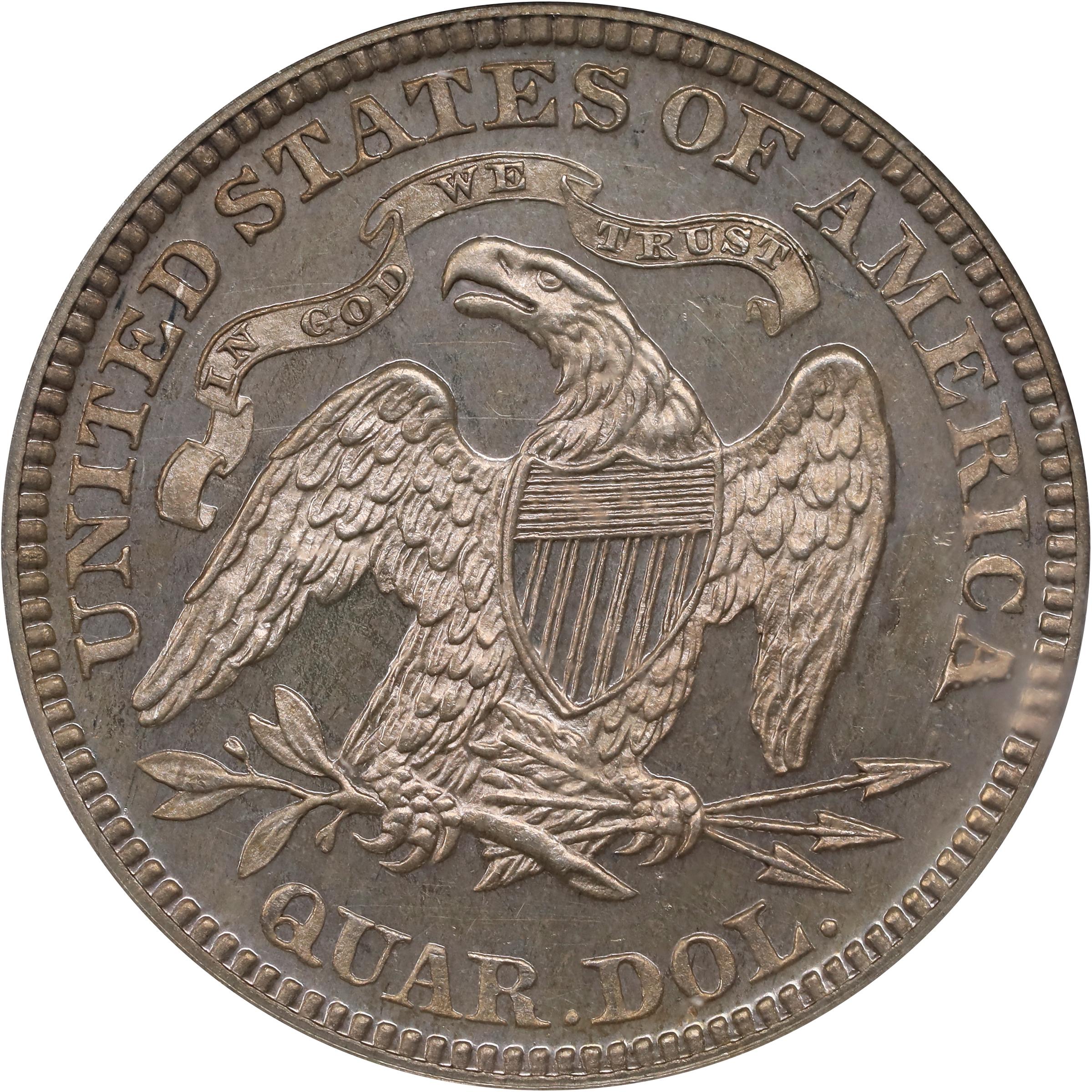 image for: 1865 Pattern Liberty Seated Quarter. Judd-425, Pollock-497. Rarity-6+. Silver. Reeded Edge. Proof-64 (PCGS). OGH.