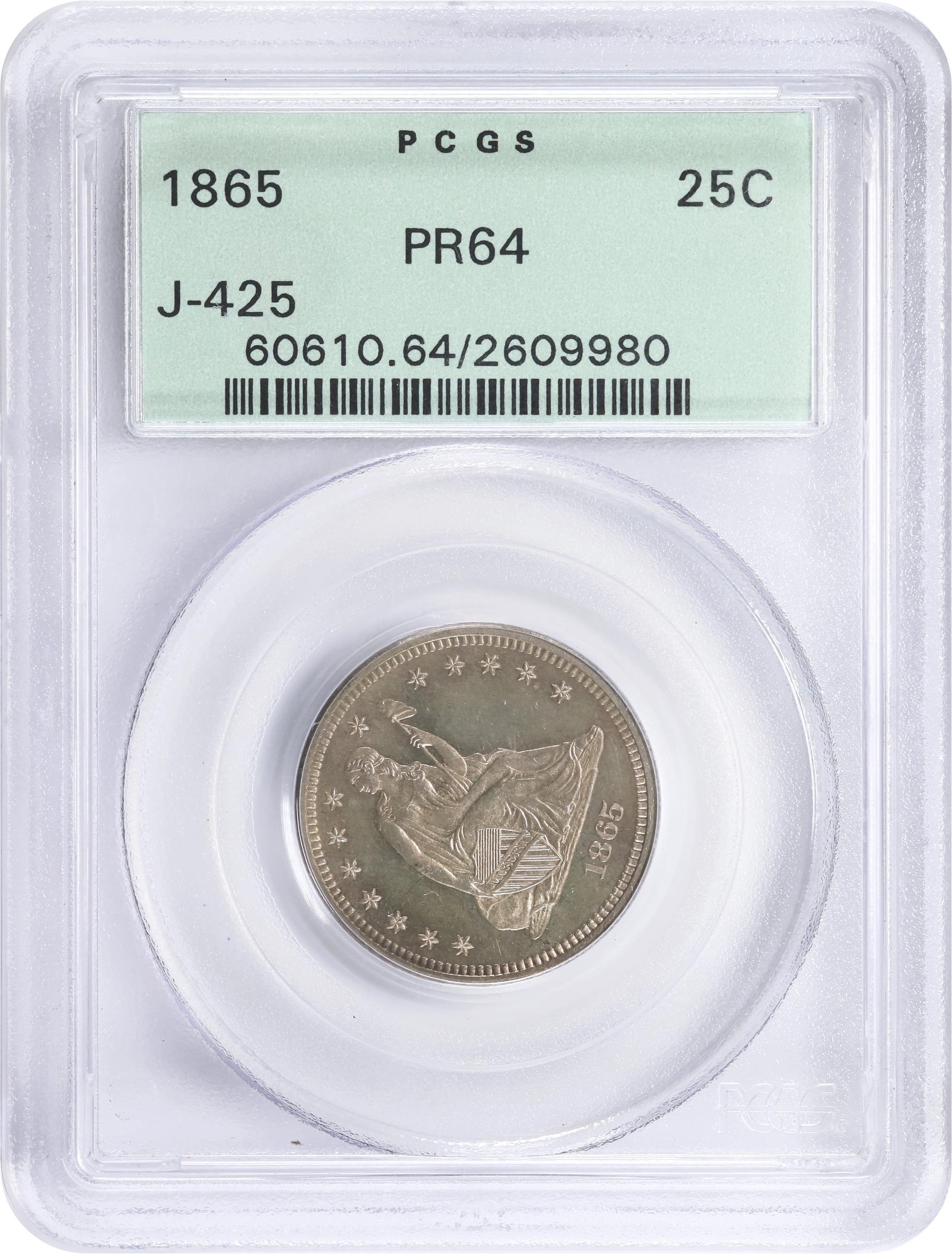 image for: 1865 Pattern Liberty Seated Quarter. Judd-425, Pollock-497. Rarity-6+. Silver. Reeded Edge. Proof-64 (PCGS). OGH.