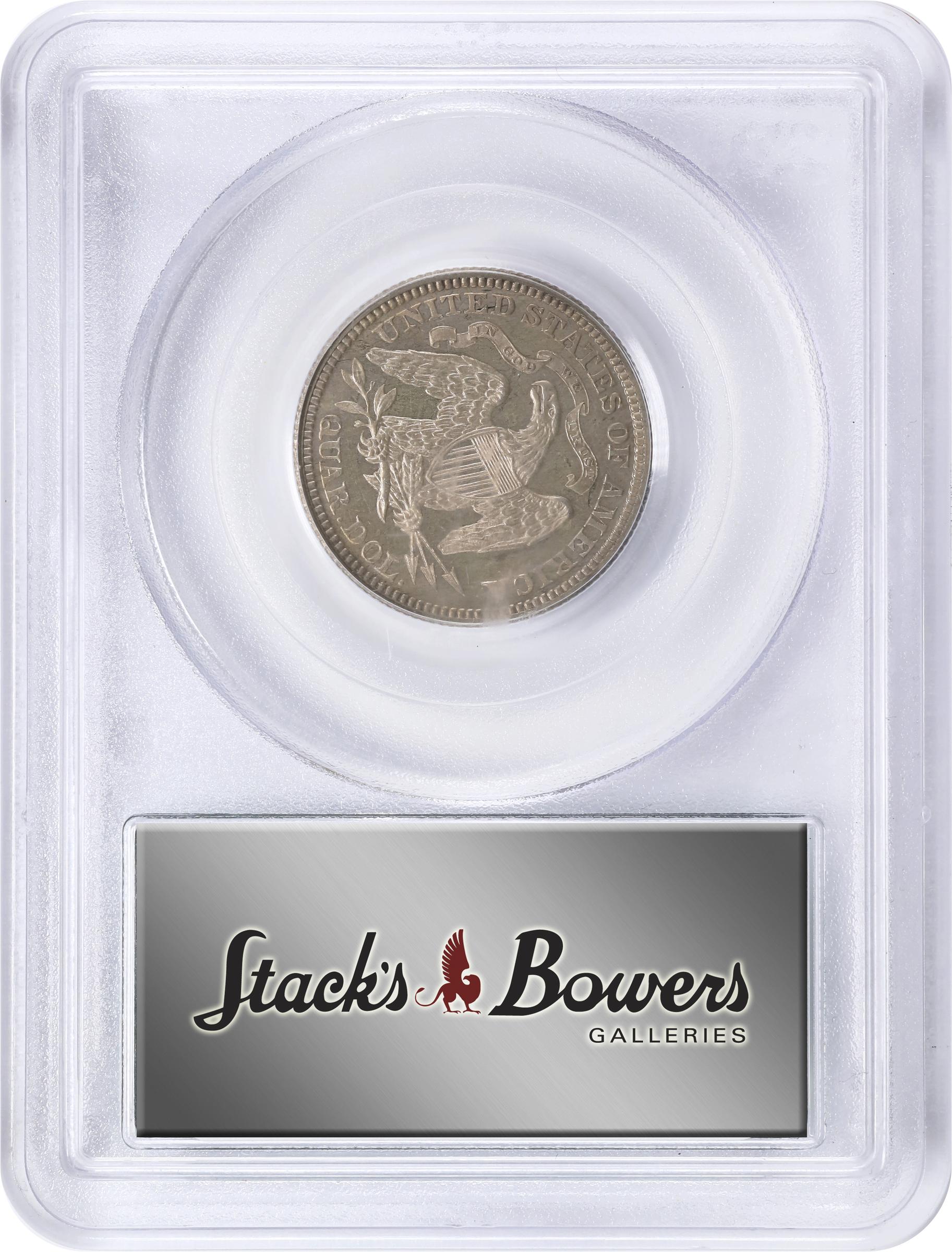 image for: 1865 Pattern Liberty Seated Quarter. Judd-425, Pollock-497. Rarity-6+. Silver. Reeded Edge. Proof-64 (PCGS). OGH.