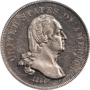 image for: 1866 Pattern Washington Five Cents. Judd-461, Pollock-535, Musante GW-772. Rarity-5. Nickel. Plain Edge. Proof-64 (PCGS).
