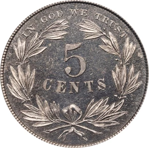 image for: 1866 Pattern Washington Five Cents. Judd-461, Pollock-535, Musante GW-772. Rarity-5. Nickel. Plain Edge. Proof-64 (PCGS).