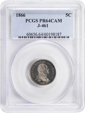image for: 1866 Pattern Washington Five Cents. Judd-461, Pollock-535, Musante GW-772. Rarity-5. Nickel. Plain Edge. Proof-64 (PCGS).
