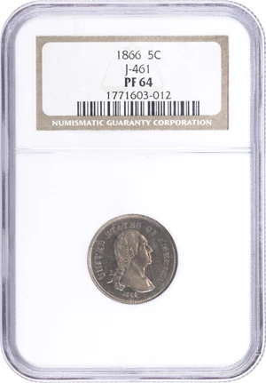 image for: 1866 Pattern Washington Five Cents. Judd-461, Pollock-535, Musante GW-772. Rarity-5. Nickel. Plain Edge. Proof-64 (NGC).