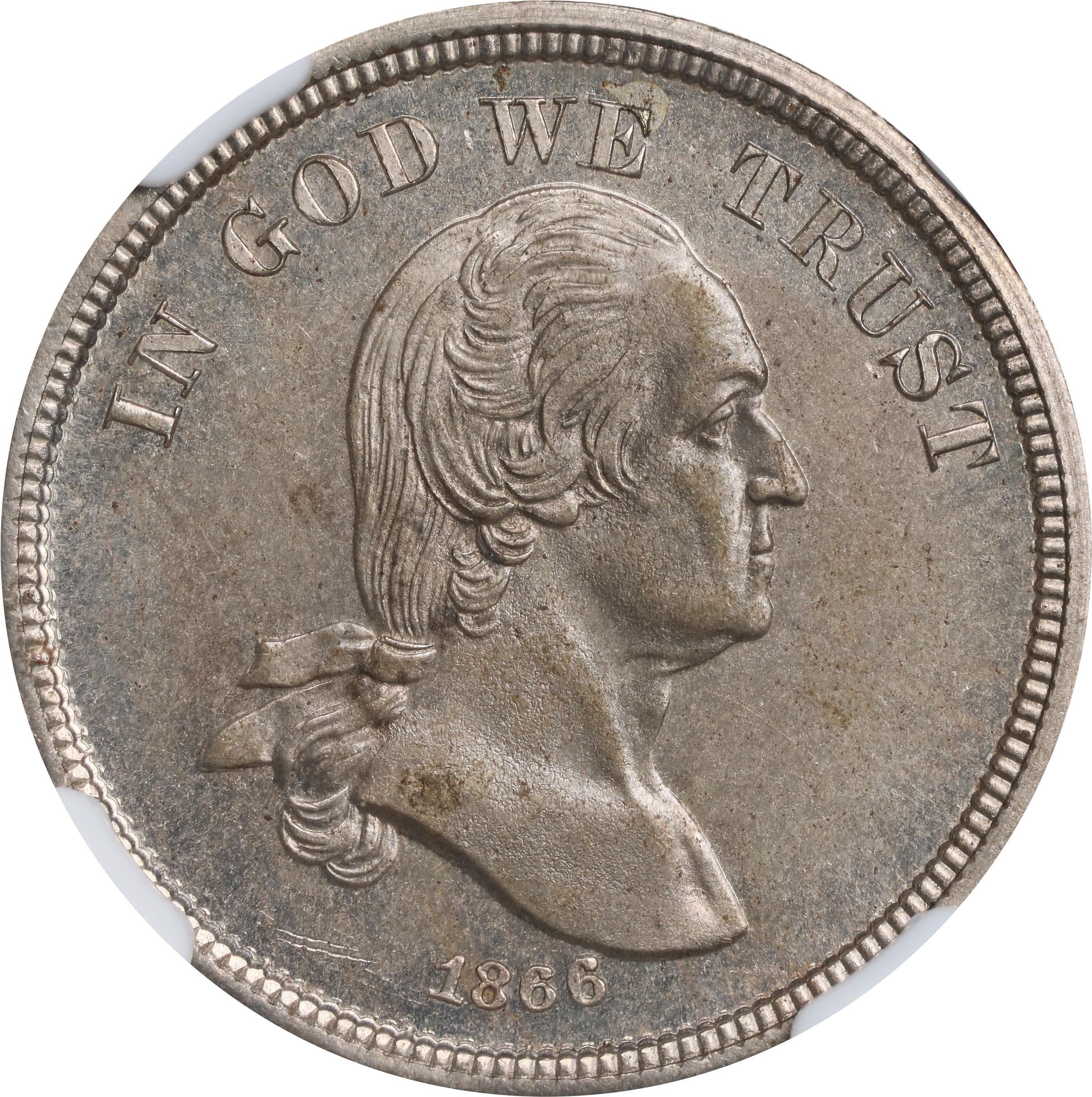 image for: 1866 Pattern Washington Five Cents. Judd-470, Pollock-562, Musante GW-779. Rarity-6-. Nickel. Plain Edge. Proof-64+ (NGC). CAC.