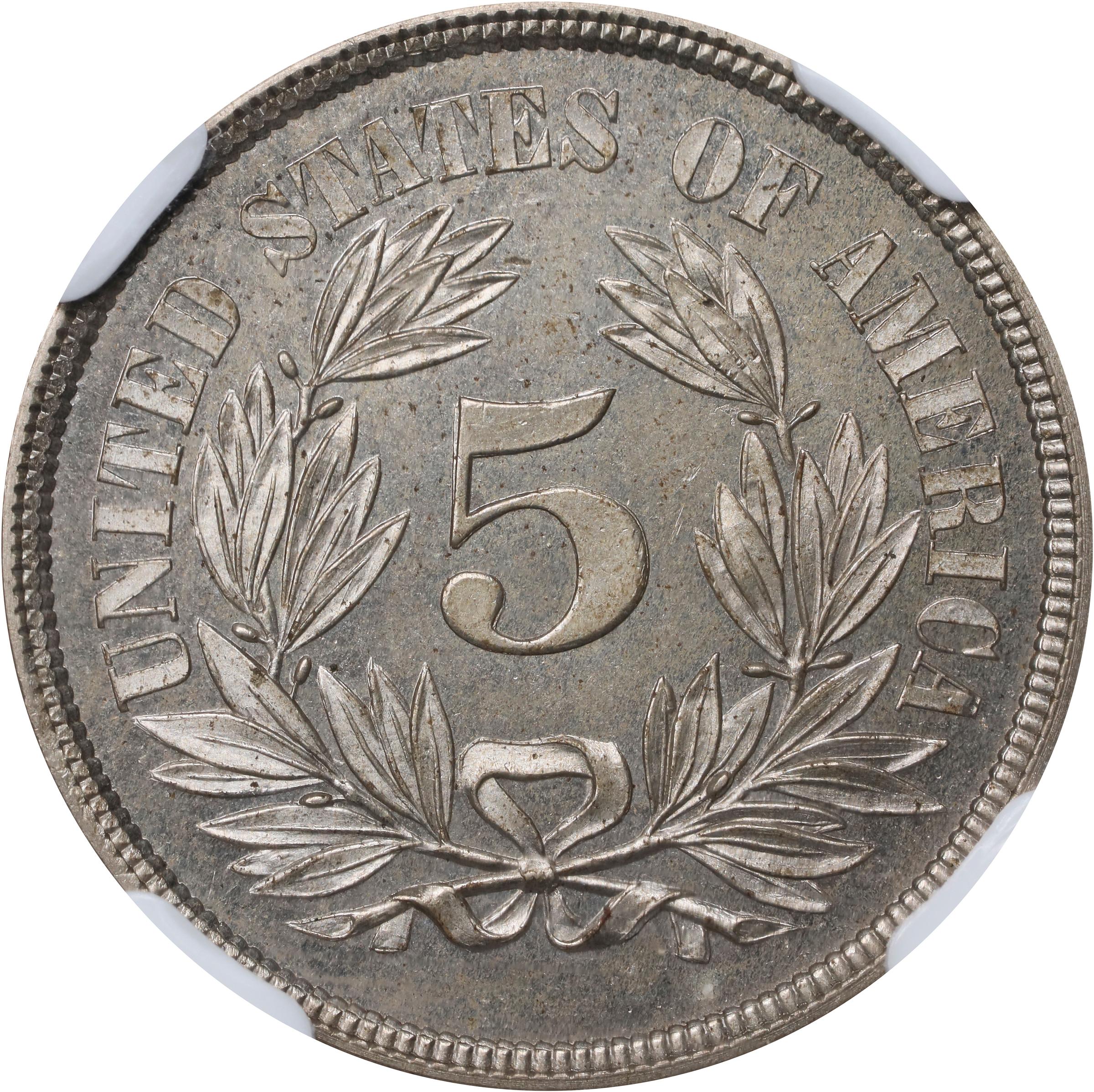 image for: 1866 Pattern Washington Five Cents. Judd-470, Pollock-562, Musante GW-779. Rarity-6-. Nickel. Plain Edge. Proof-64+ (NGC). CAC.