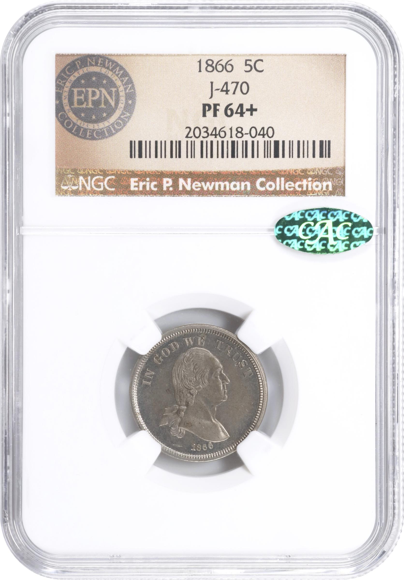 image for: 1866 Pattern Washington Five Cents. Judd-470, Pollock-562, Musante GW-779. Rarity-6-. Nickel. Plain Edge. Proof-64+ (NGC). CAC.