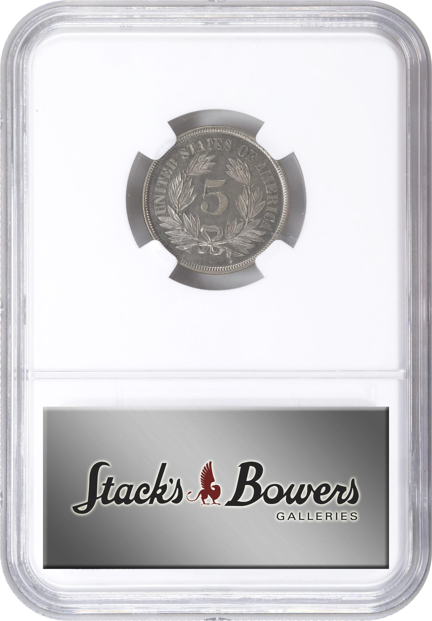 image for: 1866 Pattern Washington Five Cents. Judd-470, Pollock-562, Musante GW-779. Rarity-6-. Nickel. Plain Edge. Proof-64+ (NGC). CAC.