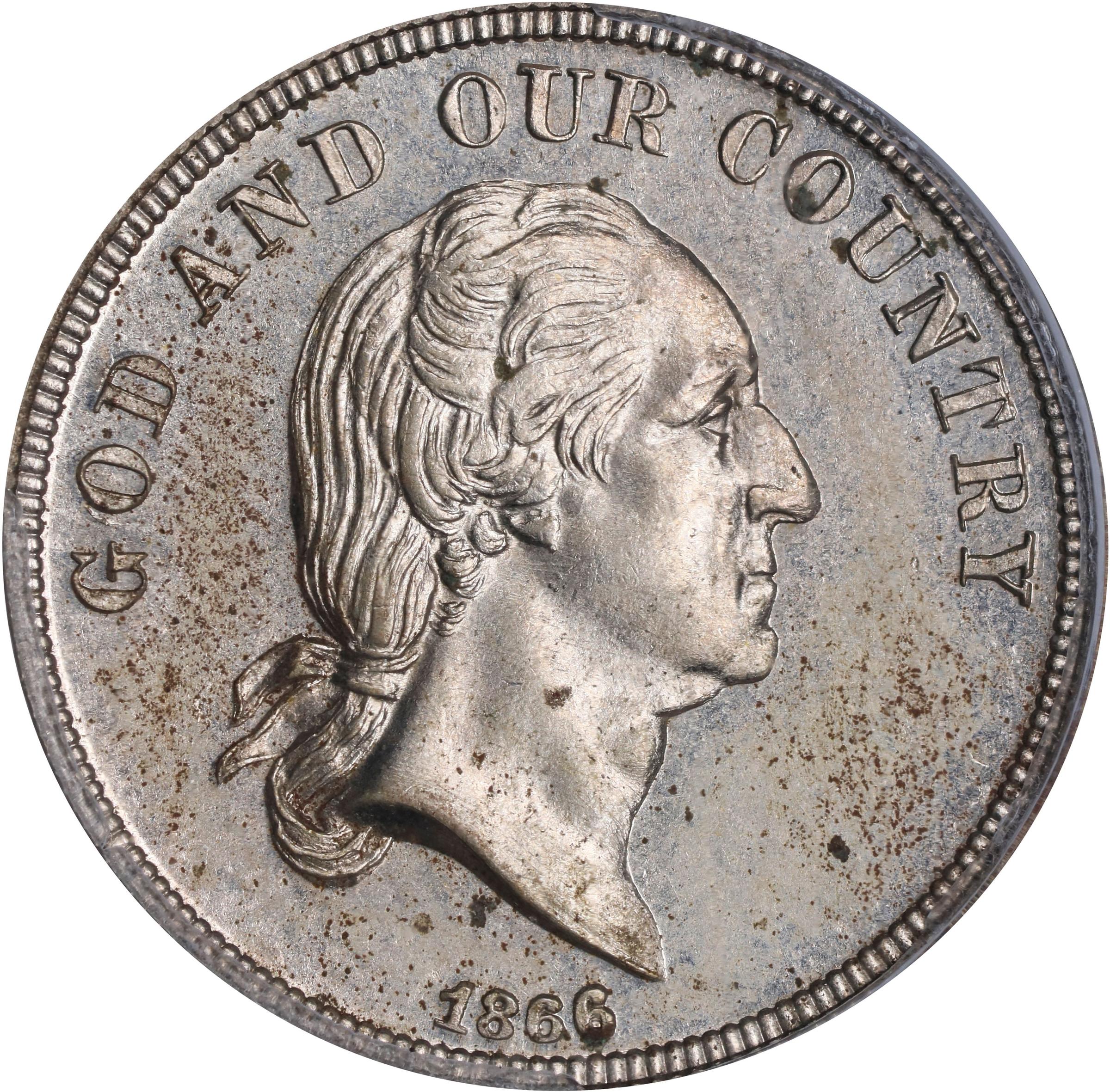 image for: 1866 Pattern Washington Five Cents. Judd-481, Pollock-571, Musante GW-784. Rarity-7-. Nickel. Plain Edge. Proof-63 (PCGS).