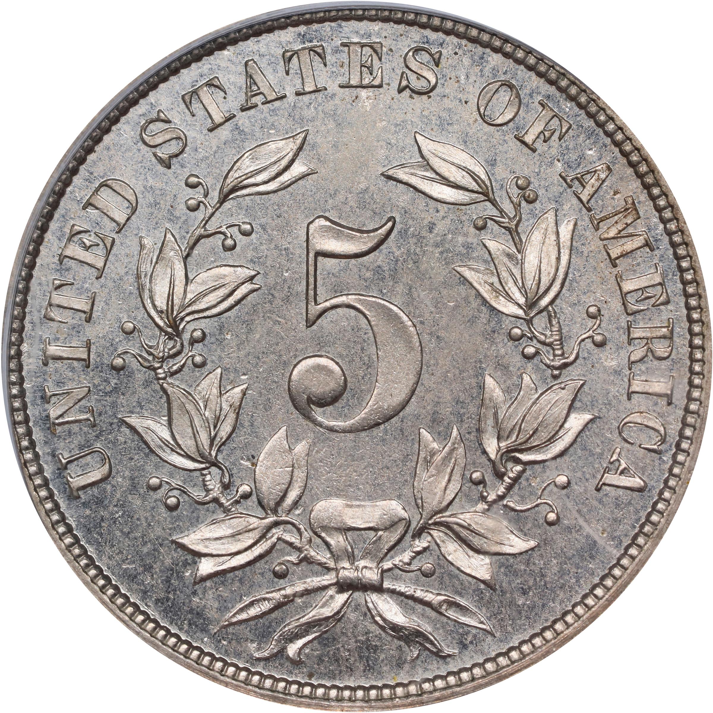 image for: 1866 Pattern Washington Five Cents. Judd-481, Pollock-571, Musante GW-784. Rarity-7-. Nickel. Plain Edge. Proof-63 (PCGS).