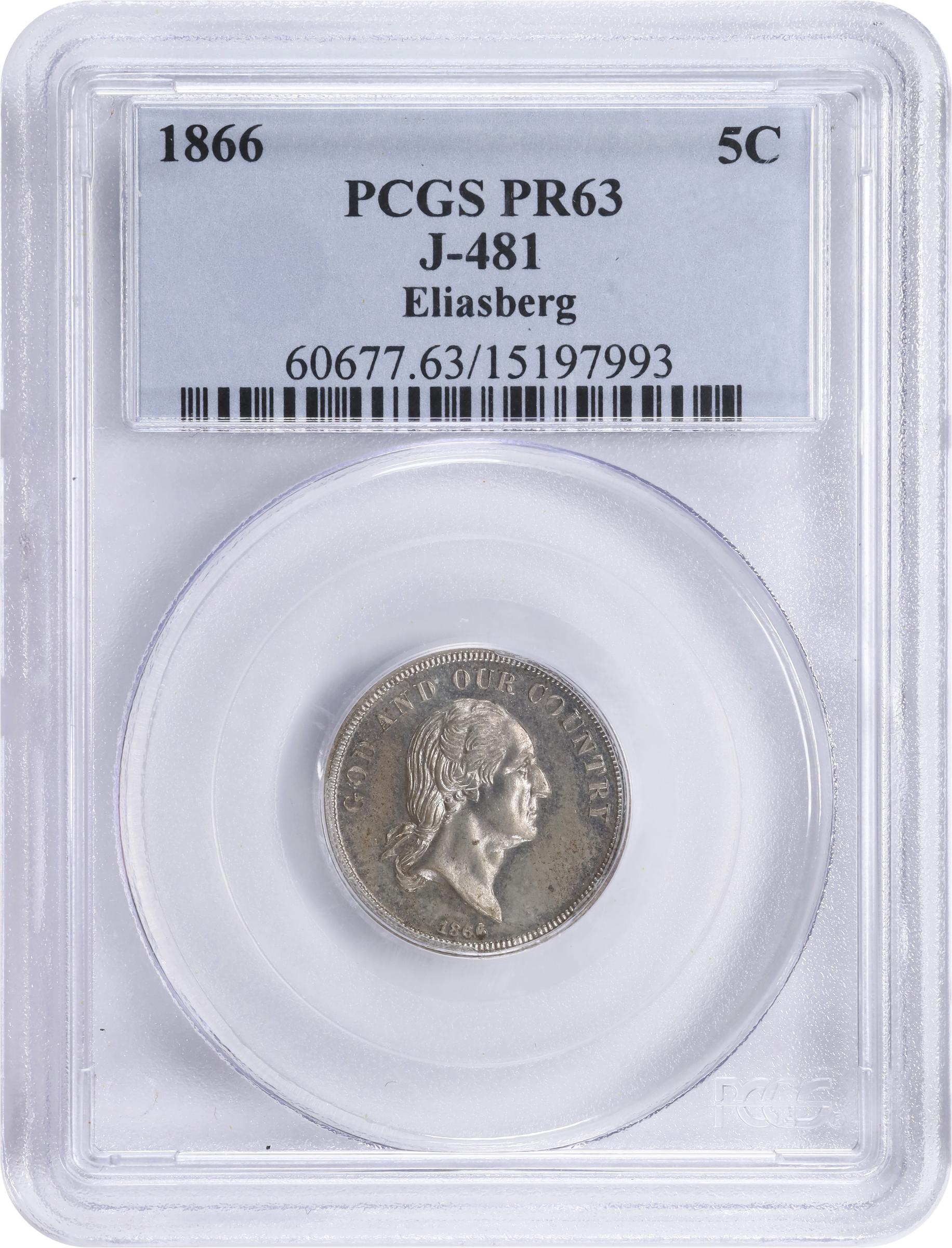 image for: 1866 Pattern Washington Five Cents. Judd-481, Pollock-571, Musante GW-784. Rarity-7-. Nickel. Plain Edge. Proof-63 (PCGS).
