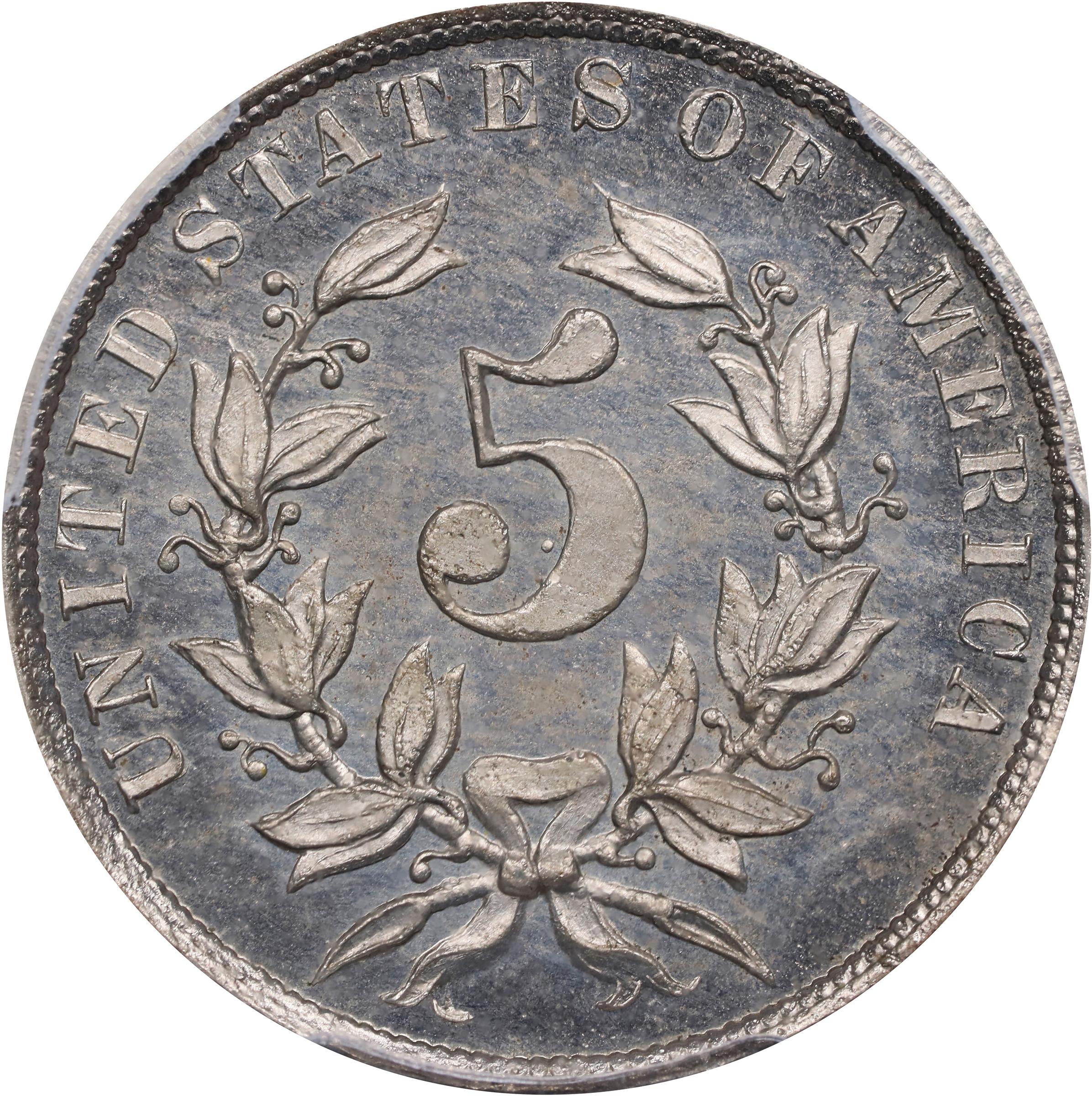 image for: 1866 Pattern Shield Nickel. Judd-489, Pollock-577. Rarity-6-. Nickel. Plain Edge. Thin Planchet. Proof-66 (PCGS).