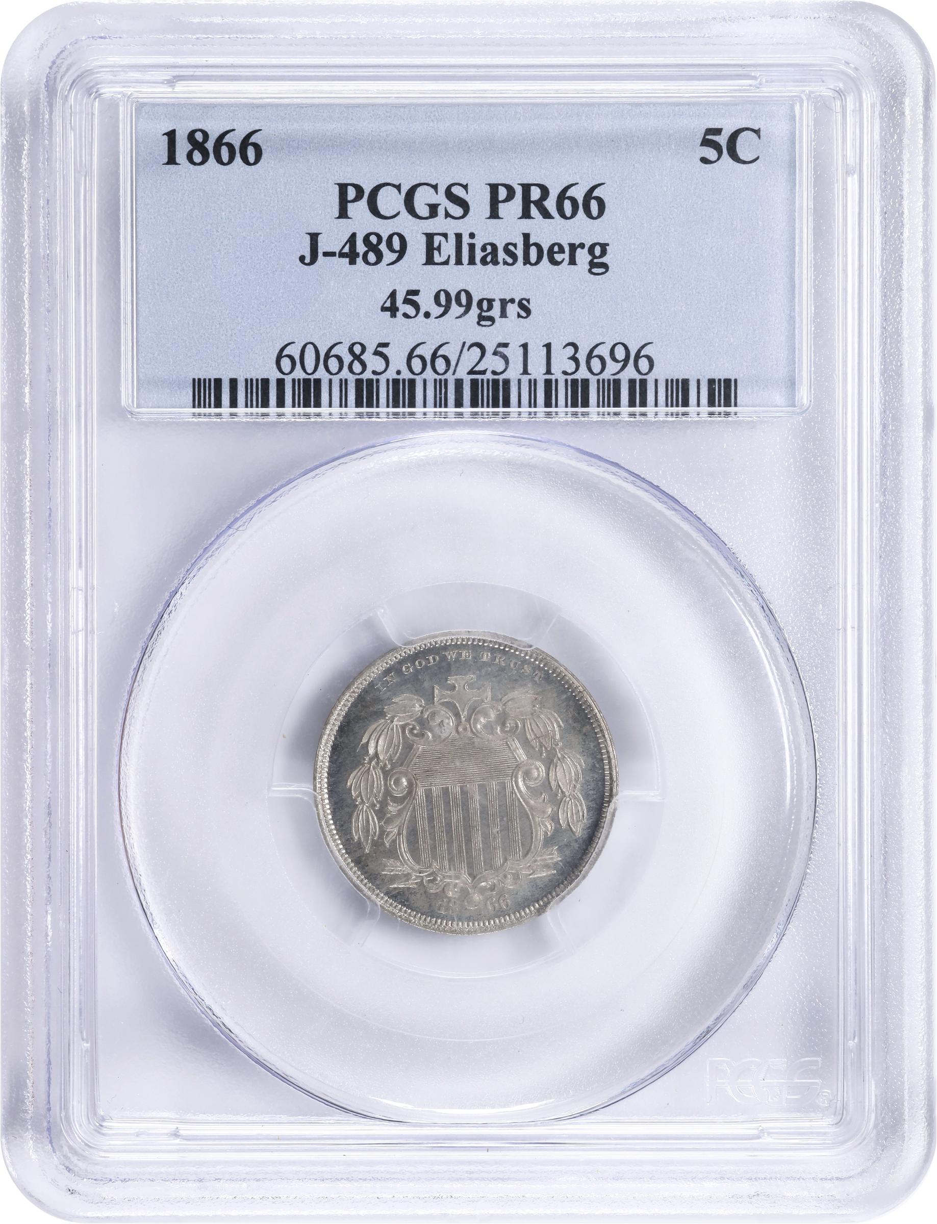 image for: 1866 Pattern Shield Nickel. Judd-489, Pollock-577. Rarity-6-. Nickel. Plain Edge. Thin Planchet. Proof-66 (PCGS).