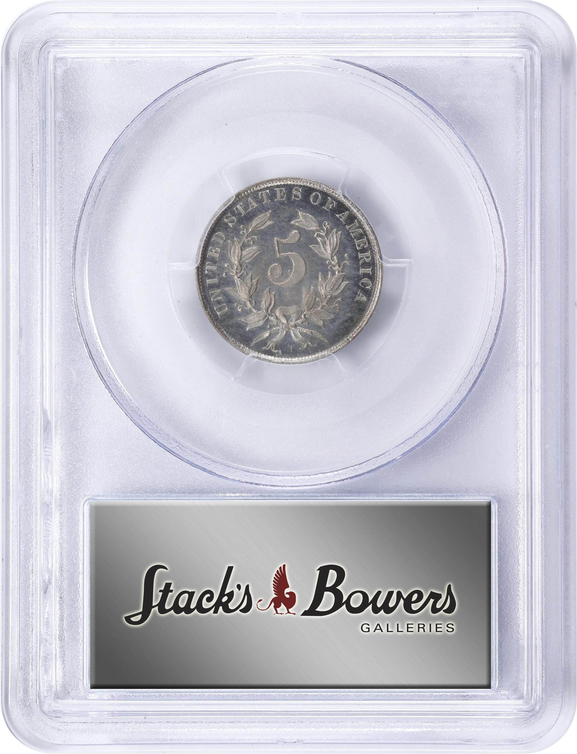 image for: 1866 Pattern Shield Nickel. Judd-489, Pollock-577. Rarity-6-. Nickel. Plain Edge. Thin Planchet. Proof-66 (PCGS).