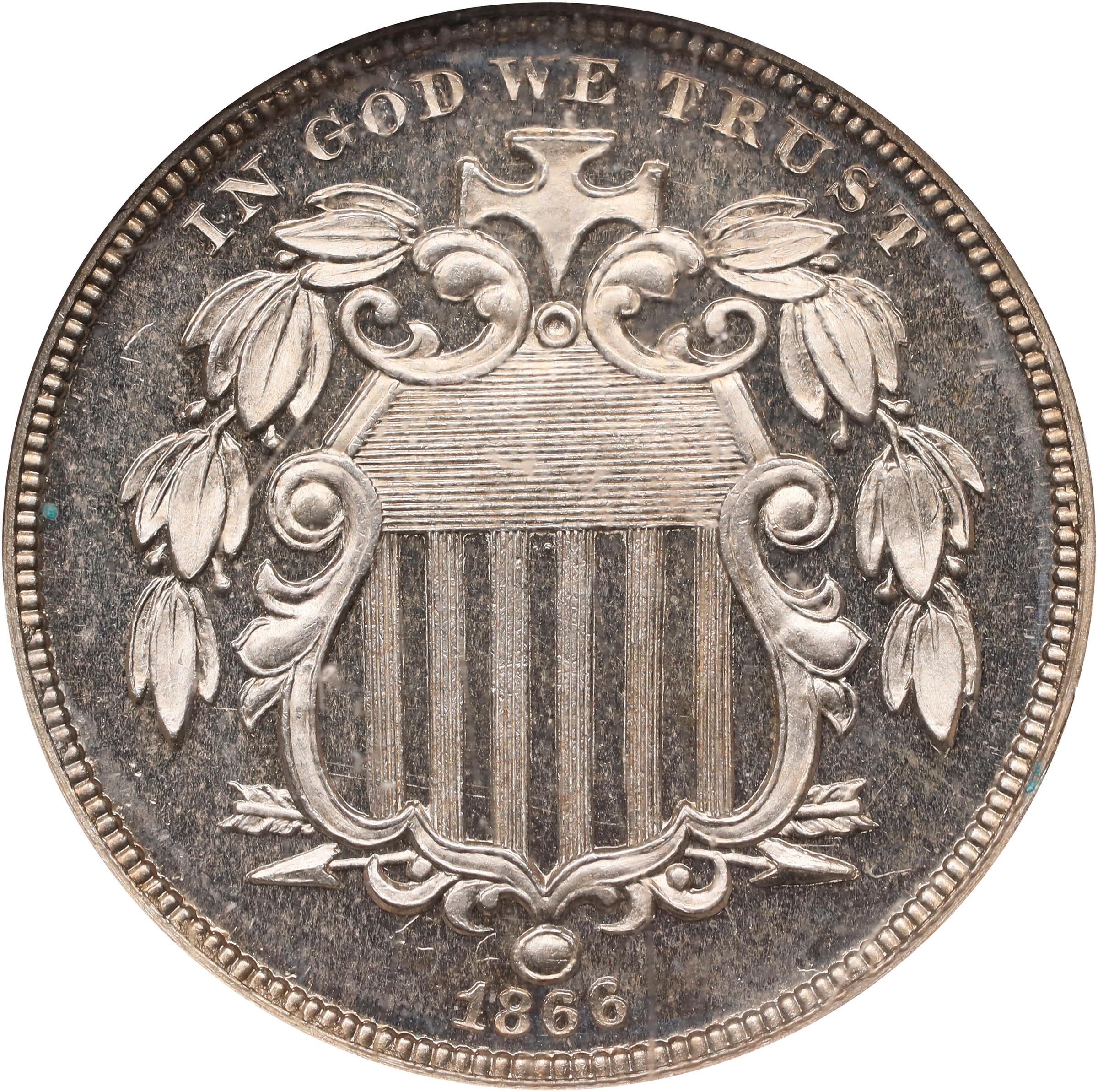 image for: 1866 Pattern Shield Nickel. Judd-507, Pollock-591. Rarity-5. Nickel. Plain Edge. Proof-66 Cameo (NGC).