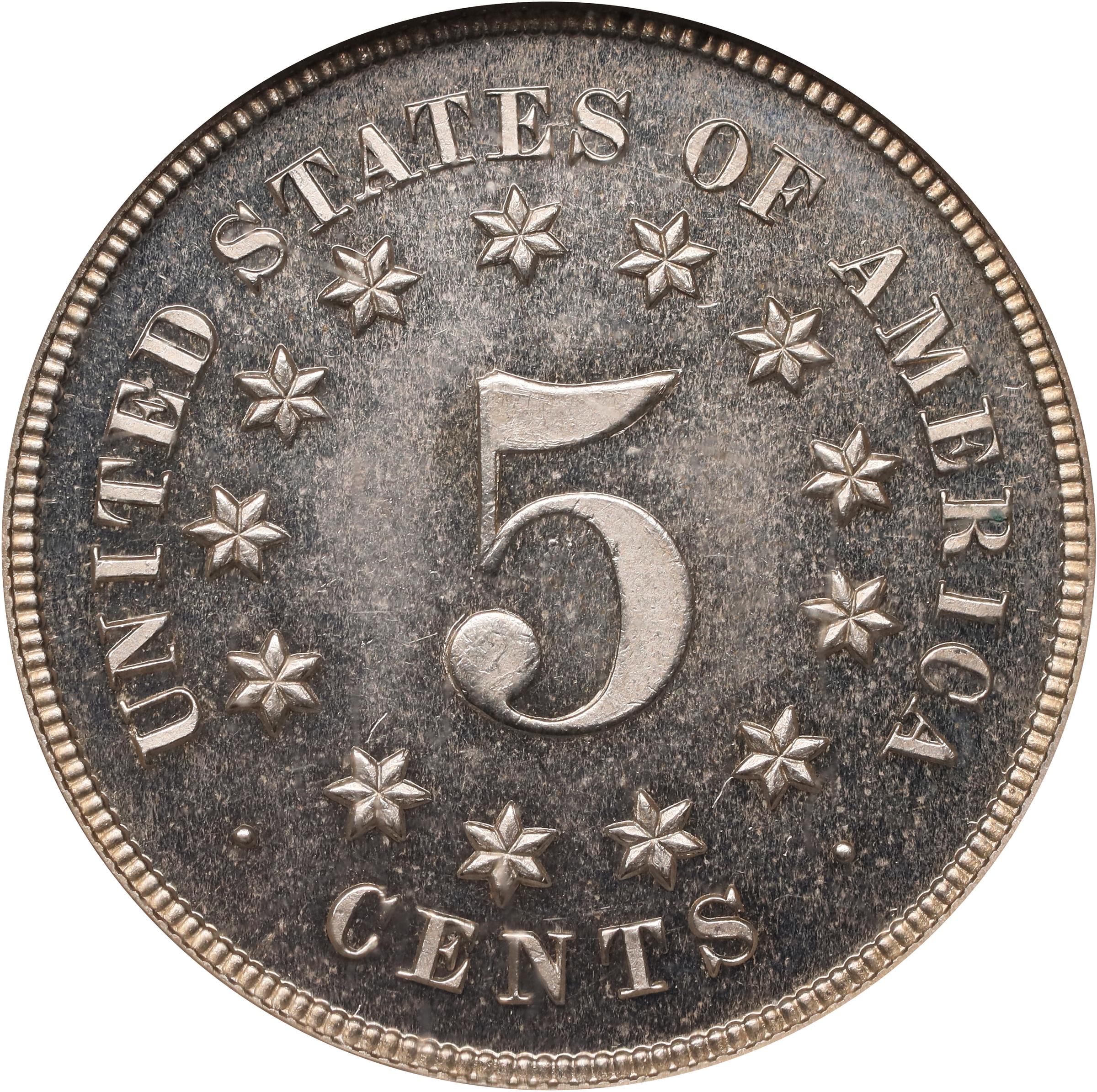 image for: 1866 Pattern Shield Nickel. Judd-507, Pollock-591. Rarity-5. Nickel. Plain Edge. Proof-66 Cameo (NGC).
