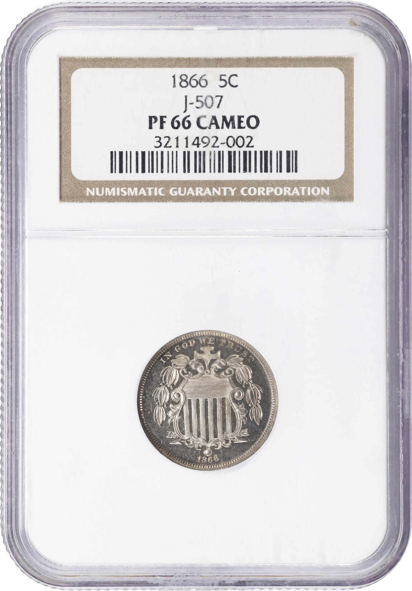 image for: 1866 Pattern Shield Nickel. Judd-507, Pollock-591. Rarity-5. Nickel. Plain Edge. Proof-66 Cameo (NGC).