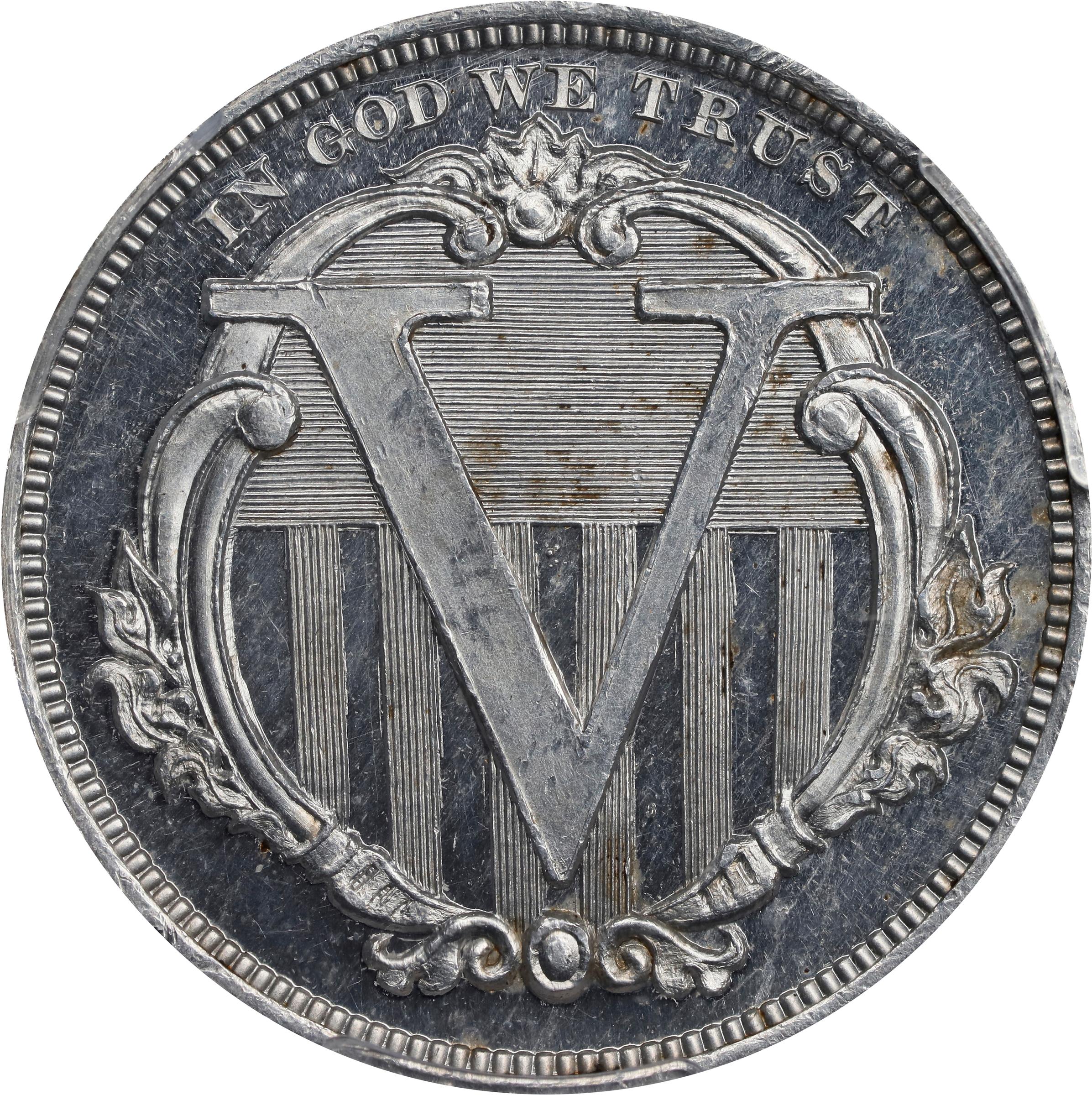 image for: 1867 Pattern Five Cents. Judd-561, Pollock-622. Rarity-5. Aluminum. Plain Edge. Proof-62 Cameo (PCGS). CAC.