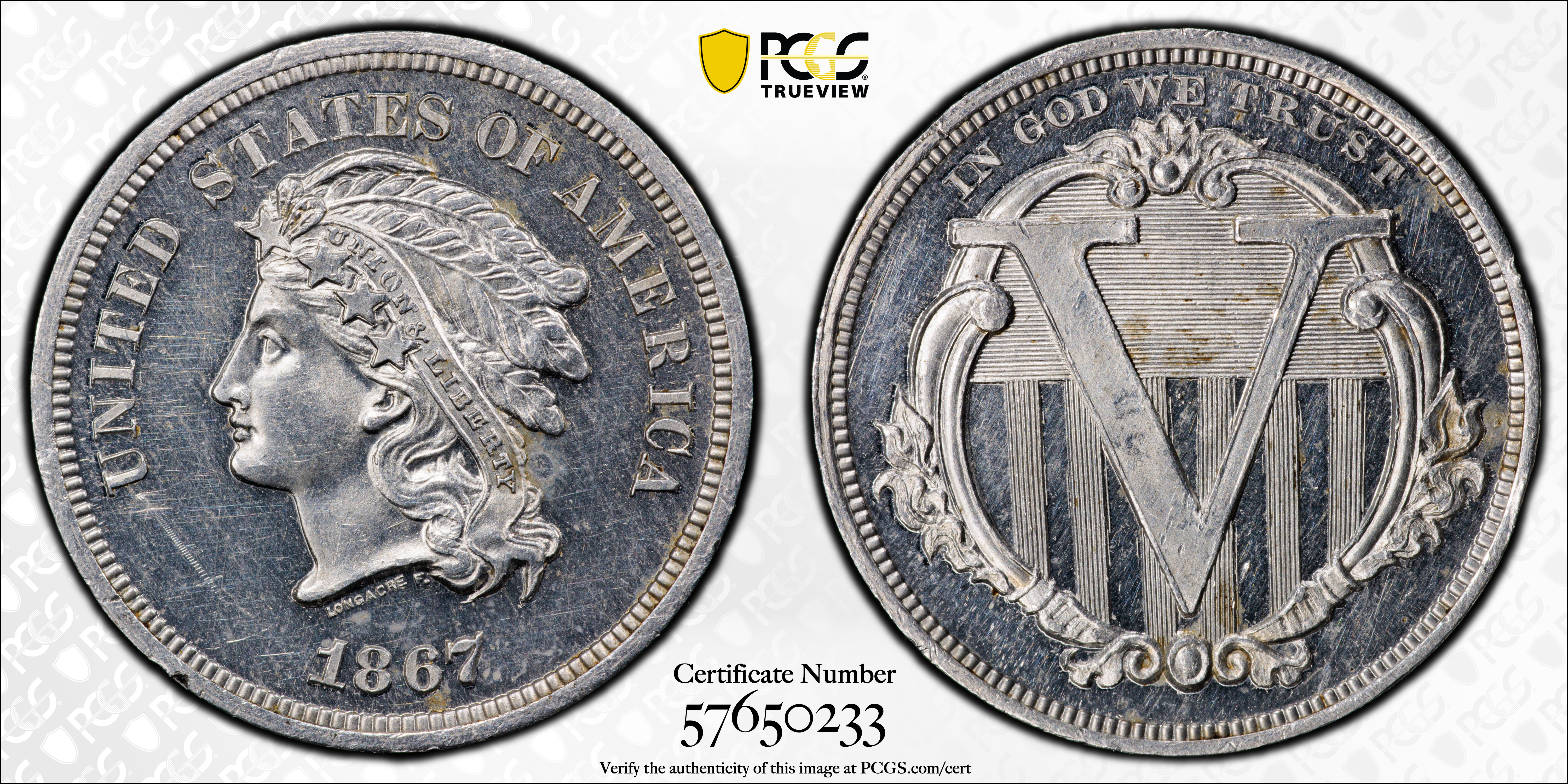 image for: 1867 Pattern Five Cents. Judd-561, Pollock-622. Rarity-5. Aluminum. Plain Edge. Proof-62 Cameo (PCGS). CAC.