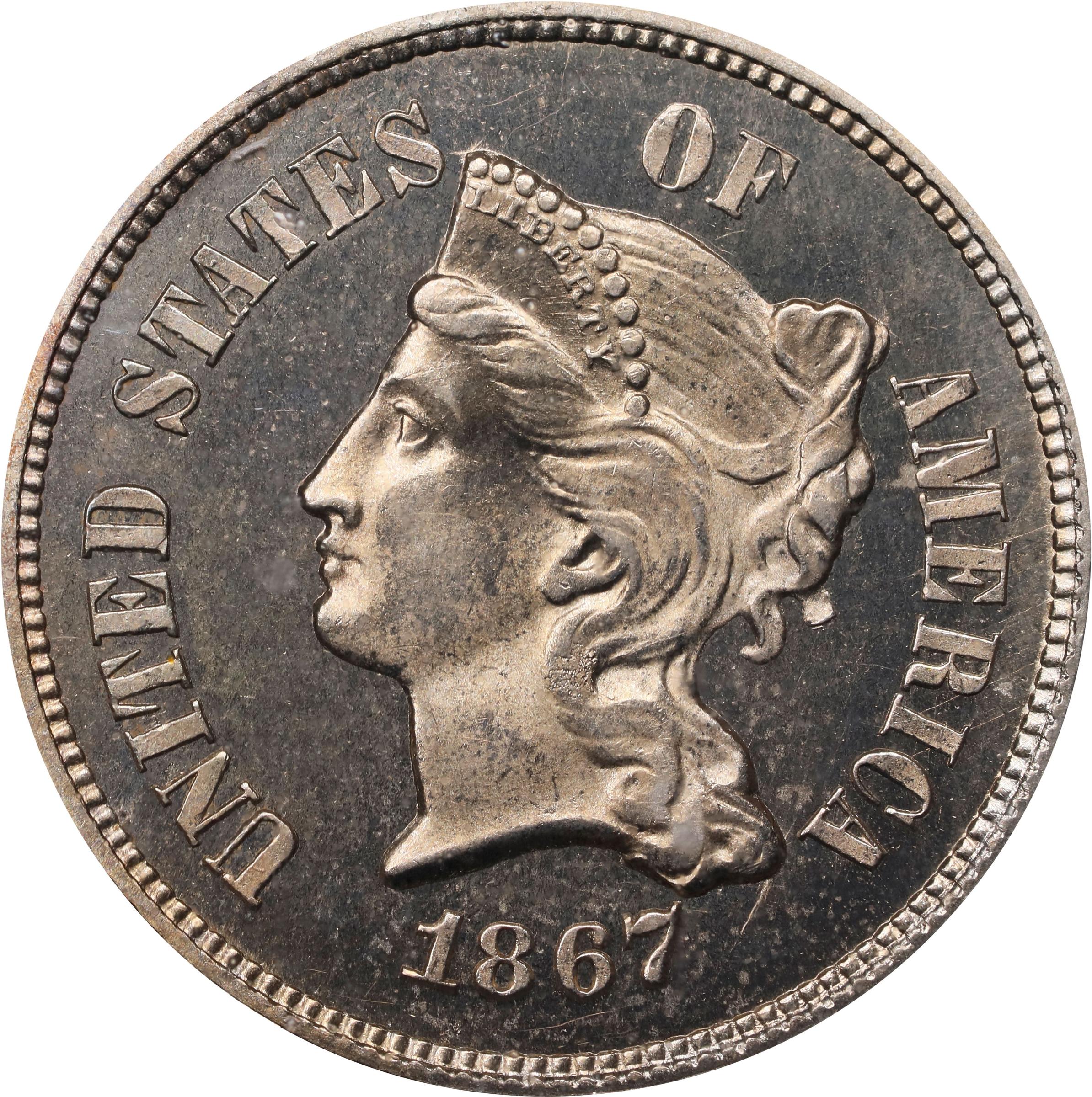 image for: 1867 Pattern Five Cents. Judd-566, Pollock-627. Rarity-6-. Nickel. Plain Edge. Proof-65+ (PCGS). CAC.