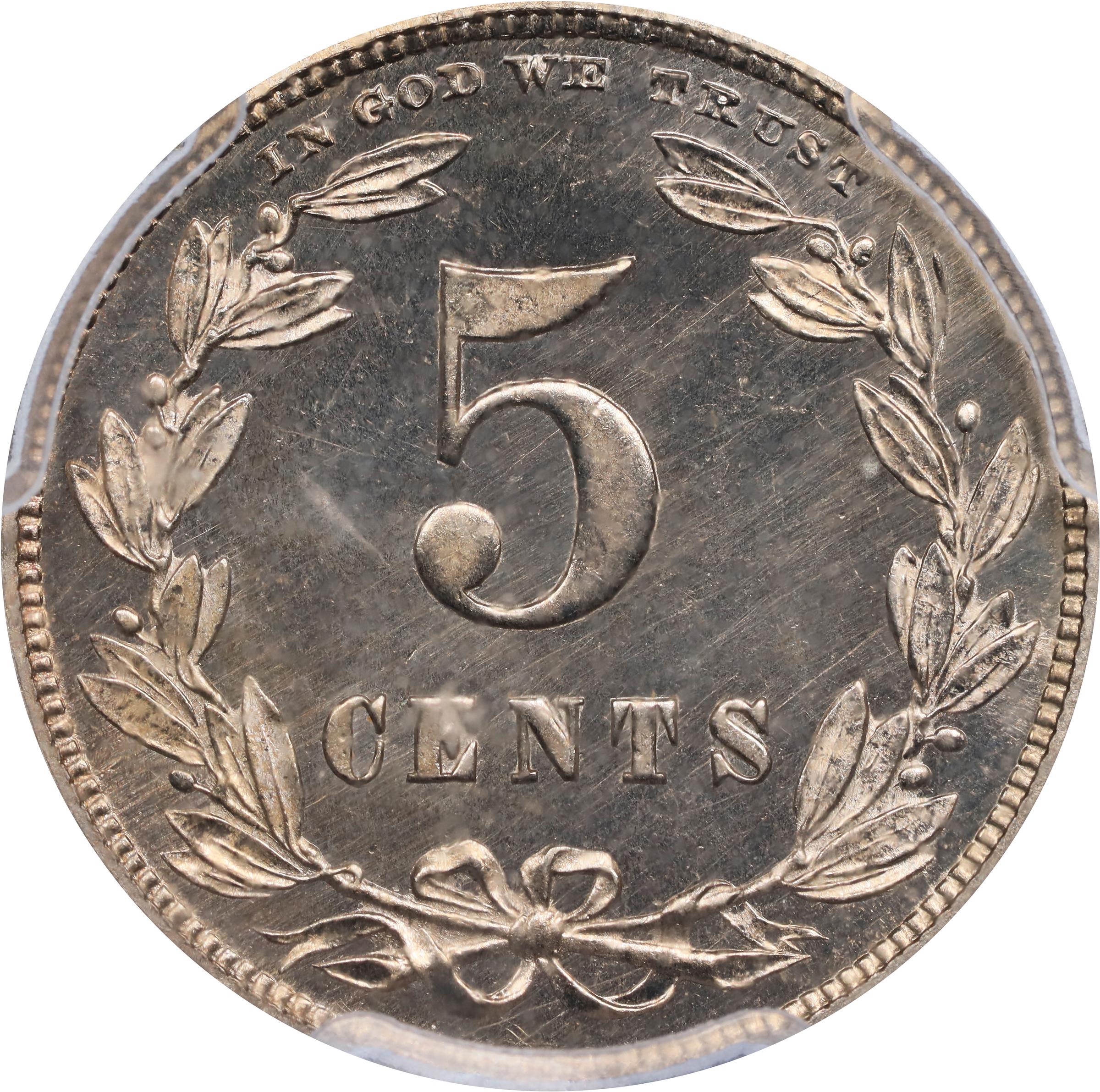 image for: 1867 Pattern Five Cents. Judd-566, Pollock-627. Rarity-6-. Nickel. Plain Edge. Proof-65+ (PCGS). CAC.
