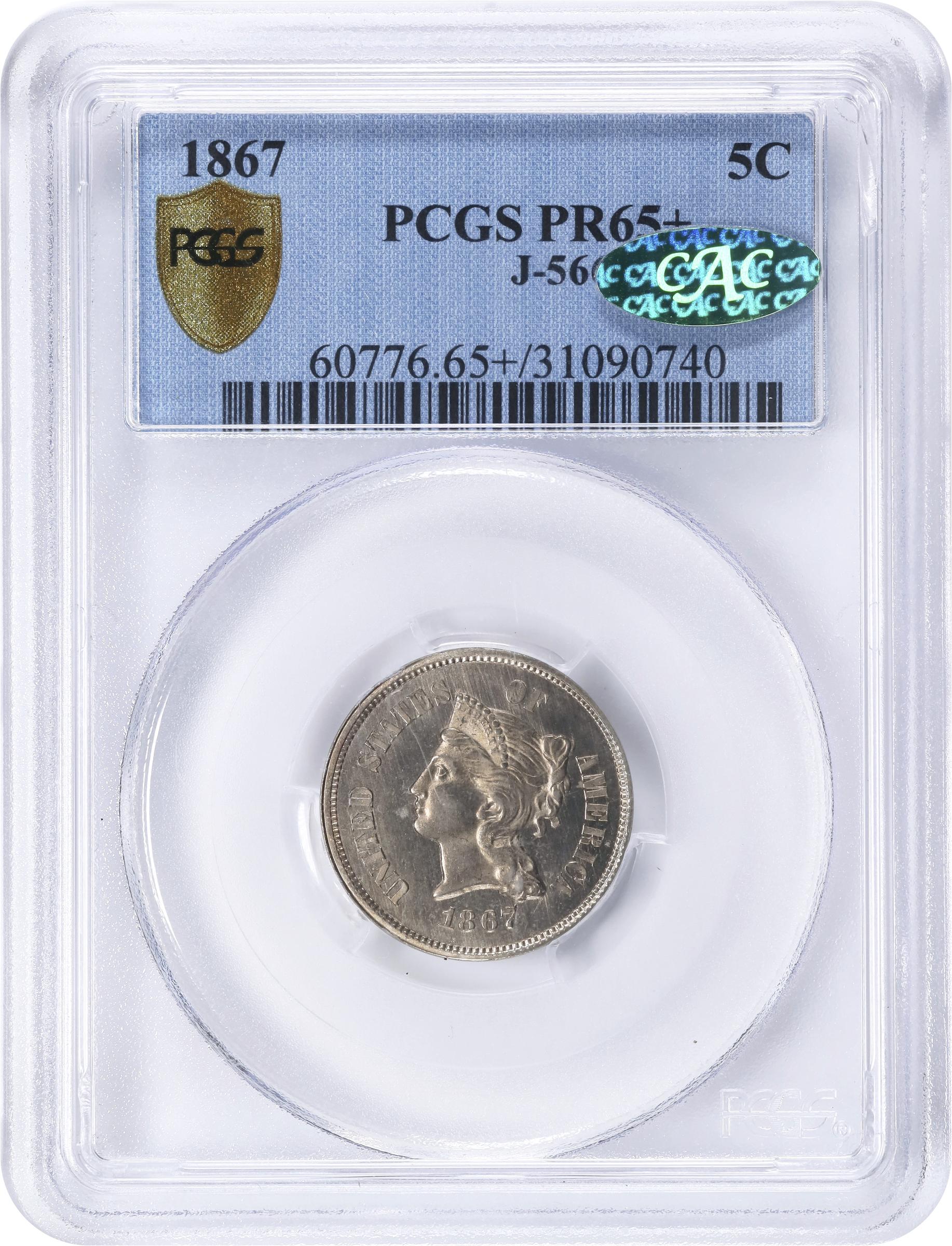 image for: 1867 Pattern Five Cents. Judd-566, Pollock-627. Rarity-6-. Nickel. Plain Edge. Proof-65+ (PCGS). CAC.