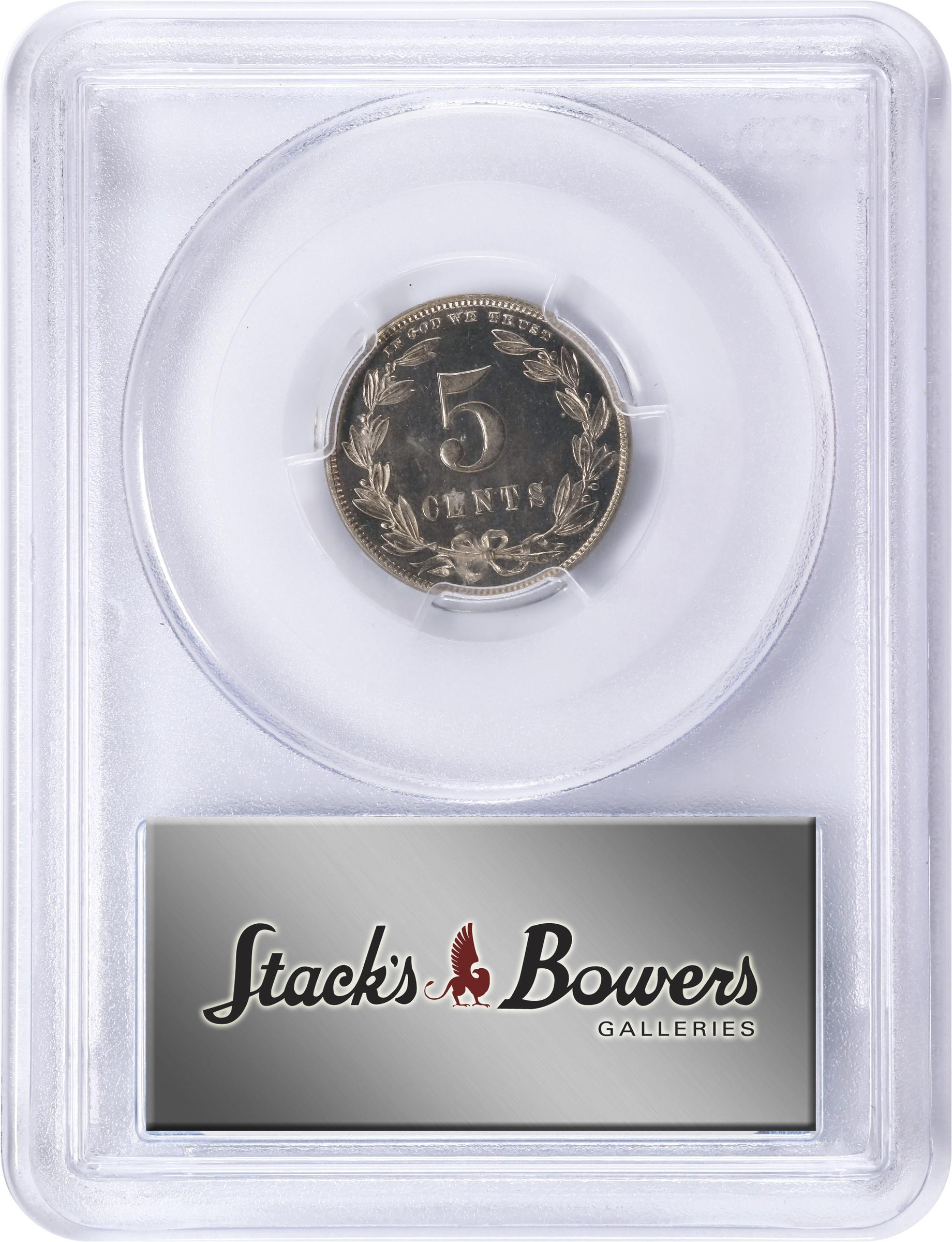 image for: 1867 Pattern Five Cents. Judd-566, Pollock-627. Rarity-6-. Nickel. Plain Edge. Proof-65+ (PCGS). CAC.