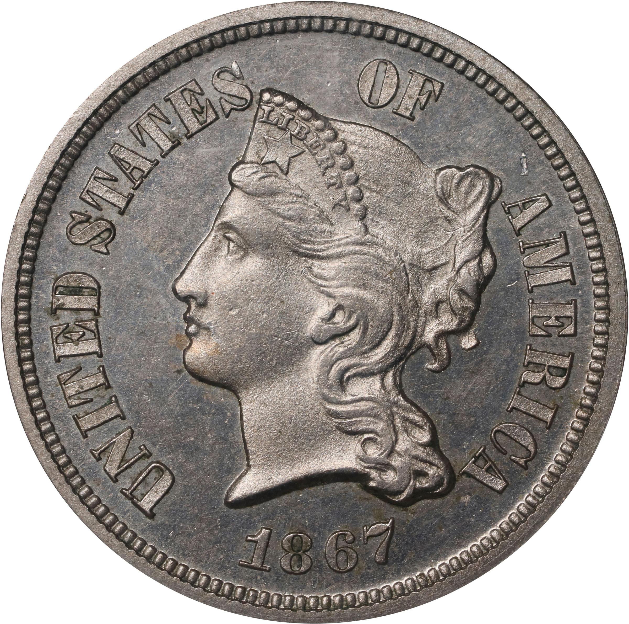 image for: 1867 Pattern Five Cents. Judd-570, Pollock-638. Rarity-5. Nickel. Plain Edge. Proof-63 (NGC). CAC.