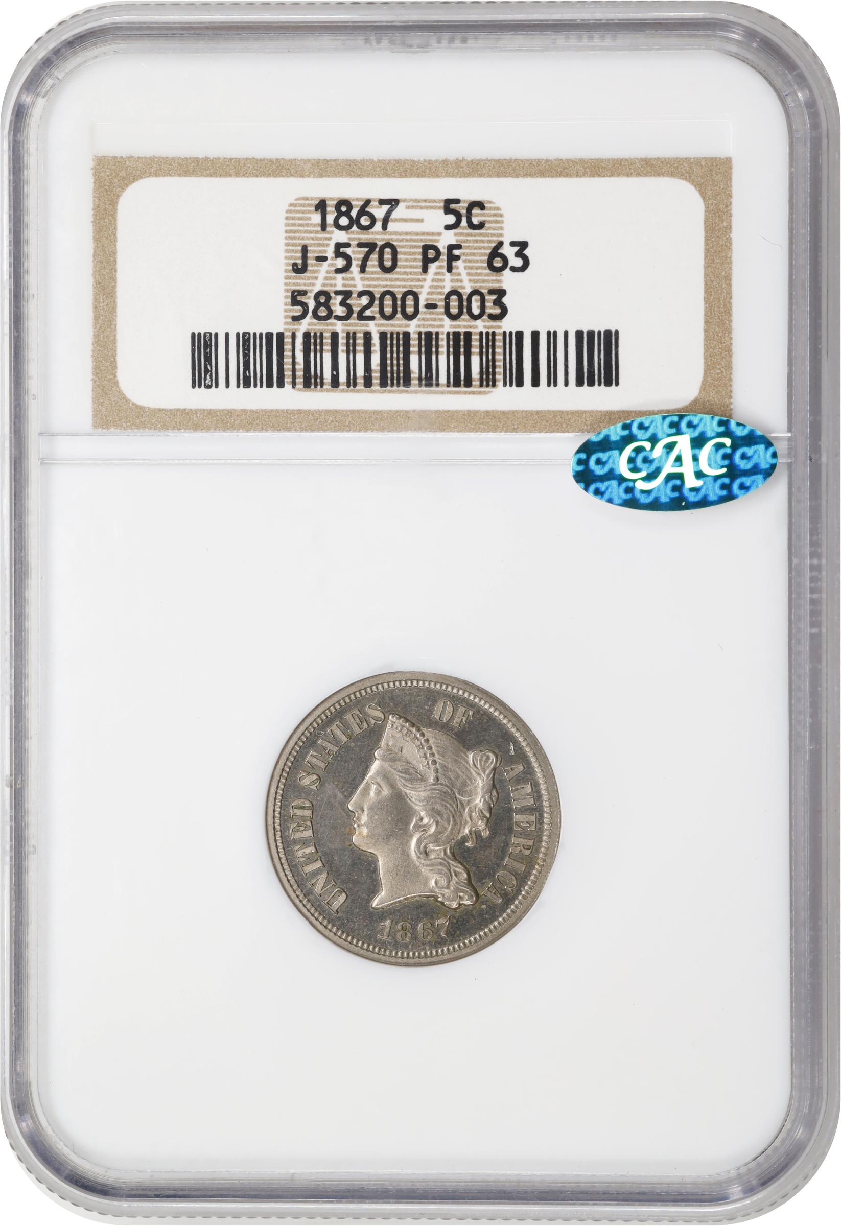 image for: 1867 Pattern Five Cents. Judd-570, Pollock-638. Rarity-5. Nickel. Plain Edge. Proof-63 (NGC). CAC.