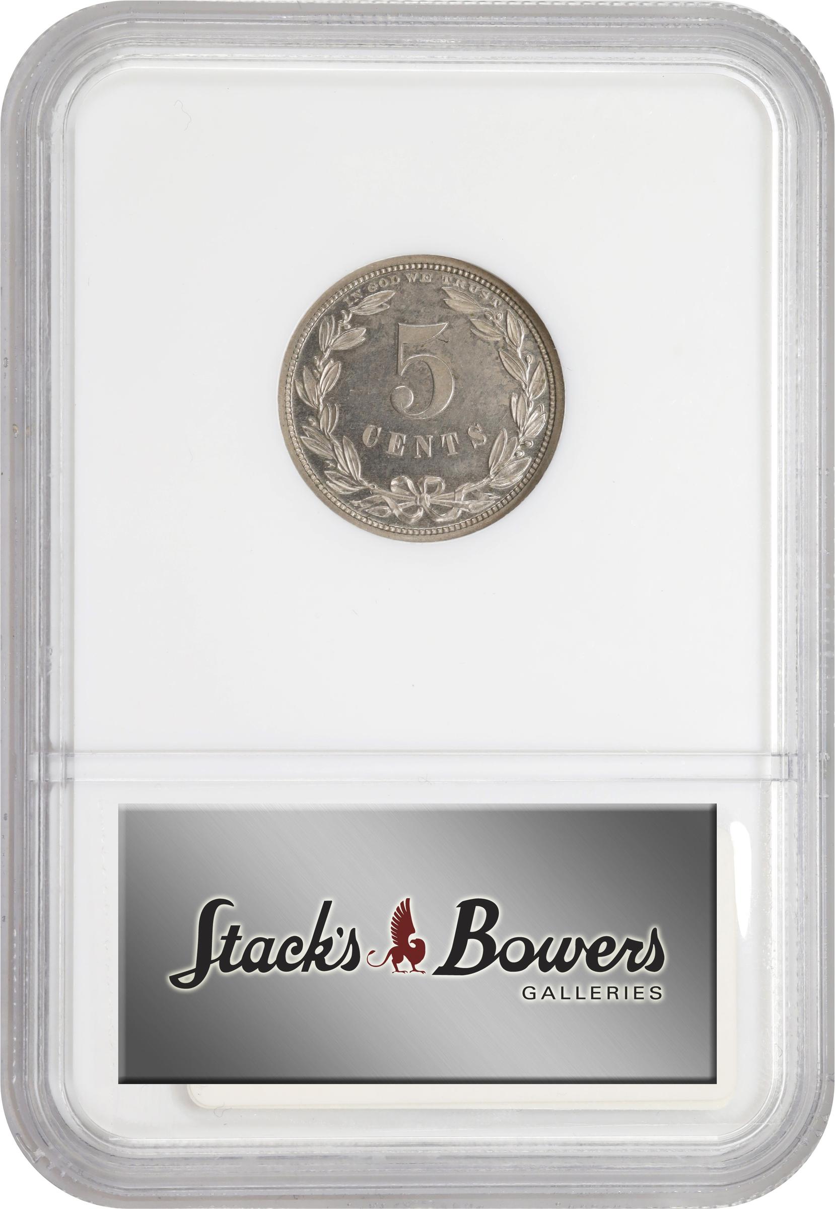 image for: 1867 Pattern Five Cents. Judd-570, Pollock-638. Rarity-5. Nickel. Plain Edge. Proof-63 (NGC). CAC.