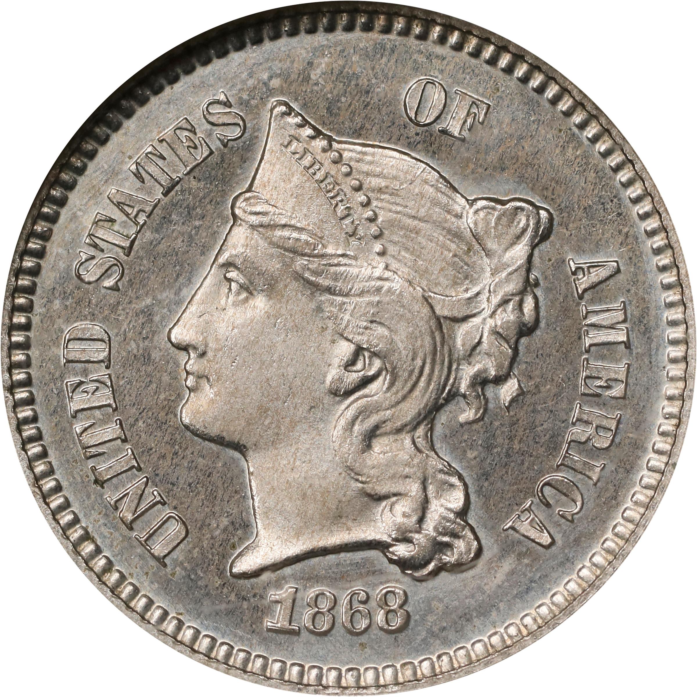 image for: 1868 Pattern Cent. Judd-608, Pollock-673, Variety I. Rarity-4. Nickel. Plain Edge. Proof-67 (NGC).