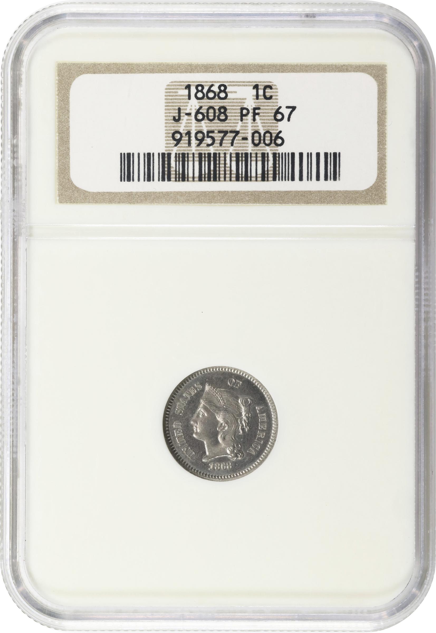 image for: 1868 Pattern Cent. Judd-608, Pollock-673, Variety I. Rarity-4. Nickel. Plain Edge. Proof-67 (NGC).