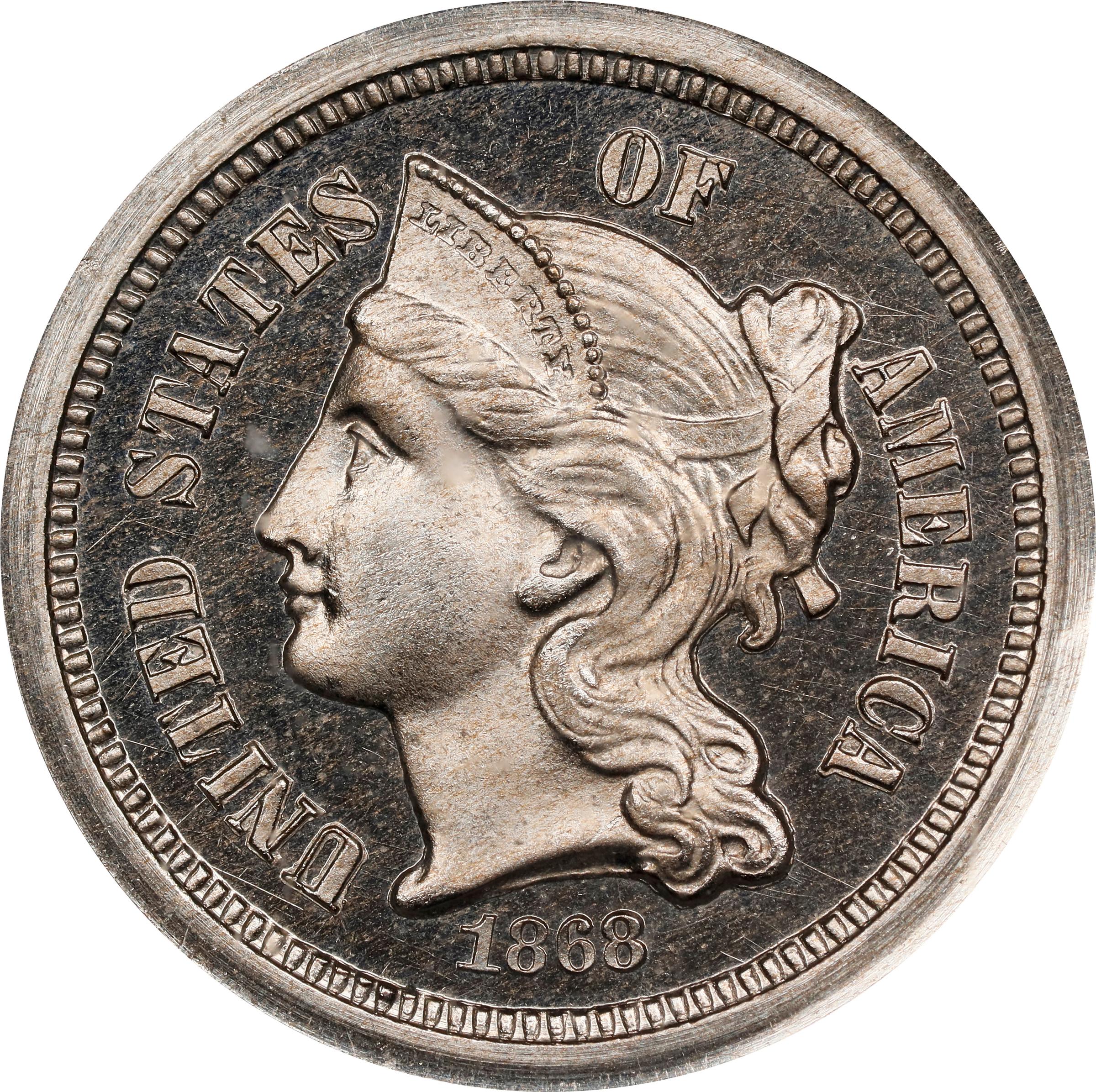 image for: 1868 Pattern Nickel Three-Cent Piece. Judd-615, Pollock-680. Rarity-5. Nickel. Plain Edge. Proof-66 Cameo (PCGS). CAC.