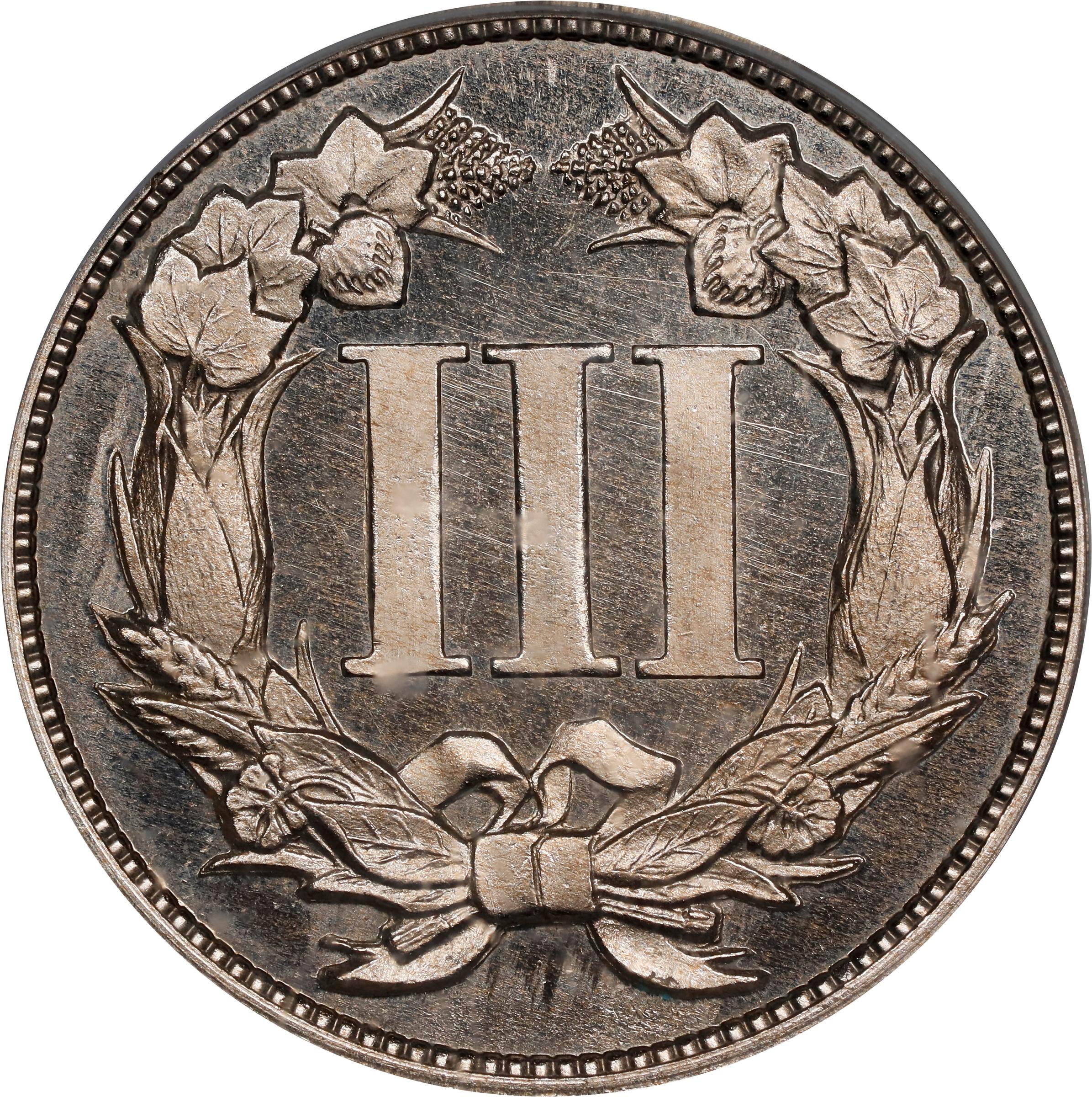 image for: 1868 Pattern Nickel Three-Cent Piece. Judd-615, Pollock-680. Rarity-5. Nickel. Plain Edge. Proof-66 Cameo (PCGS). CAC.
