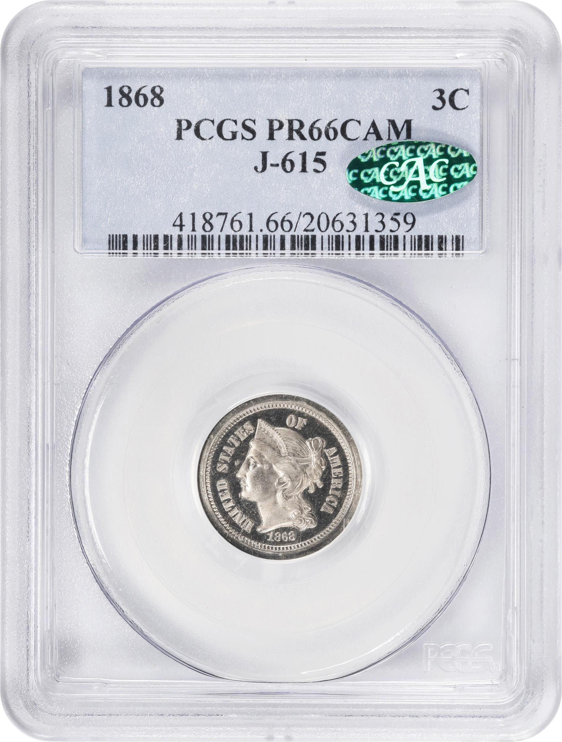 image for: 1868 Pattern Nickel Three-Cent Piece. Judd-615, Pollock-680. Rarity-5. Nickel. Plain Edge. Proof-66 Cameo (PCGS). CAC.
