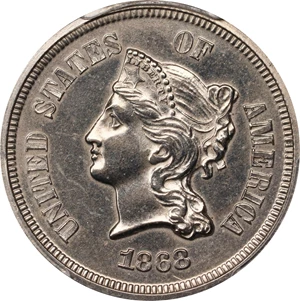 image for: 1868 Pattern Five Cents. Judd-633, Pollock-705. Rarity-4. Nickel. Plain Edge. Proof-62 (PCGS).