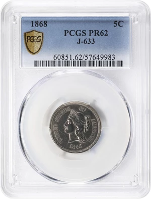 image for: 1868 Pattern Five Cents. Judd-633, Pollock-705. Rarity-4. Nickel. Plain Edge. Proof-62 (PCGS).