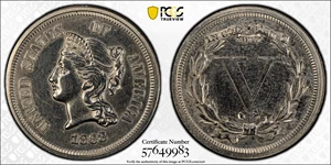 image for: 1868 Pattern Five Cents. Judd-633, Pollock-705. Rarity-4. Nickel. Plain Edge. Proof-62 (PCGS).