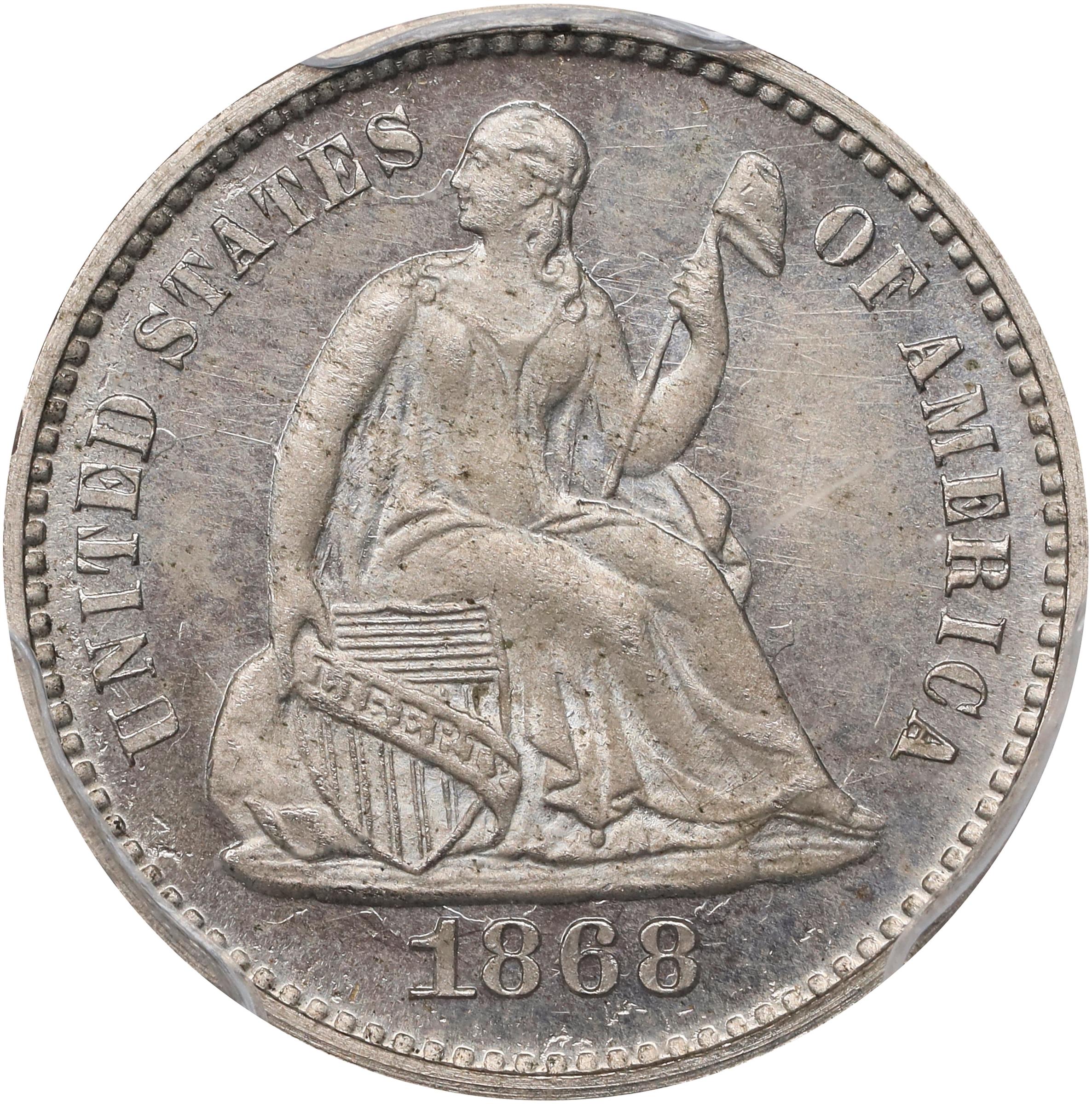image for: 1868 Pattern Liberty Seated Half Dime. Judd-638, Pollock-710. Rarity-6-. Nickel. Plain Edge. Proof-65 (PCGS).